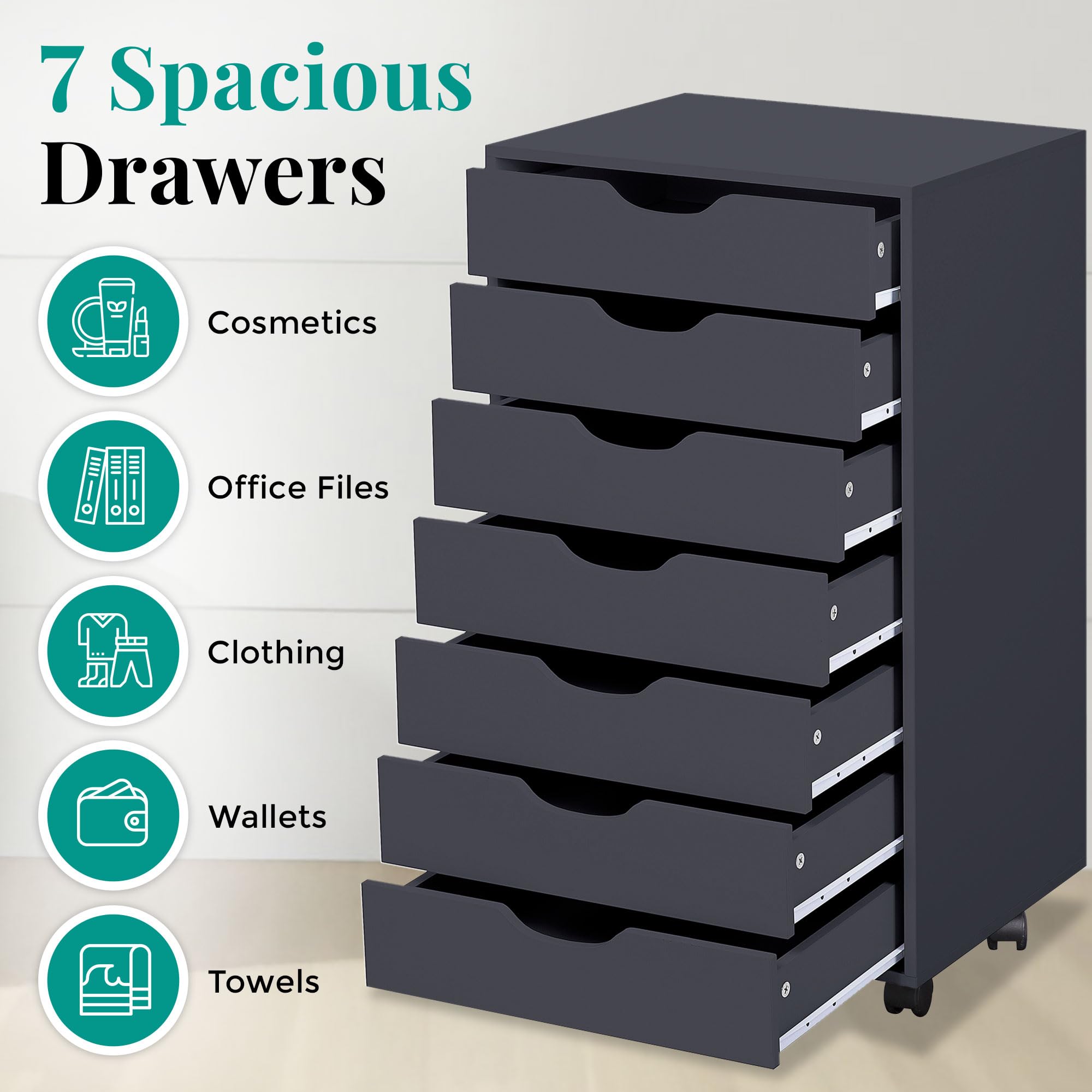 Naomi Home Debbie 7-Drawer Rolling Storage Cabinet - Black | Versatile Organizer for Crafts, Office Files & Home Storage | Mobile Chest for Bedroom, Living Room & Workspace