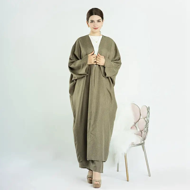 2 Piece Open Abaya with Matching Pants - Muslim Women's Modest Office Wear Set for Work & Professional Occasions | Breathable & Comfortable Islamic Clothing for Daily Use