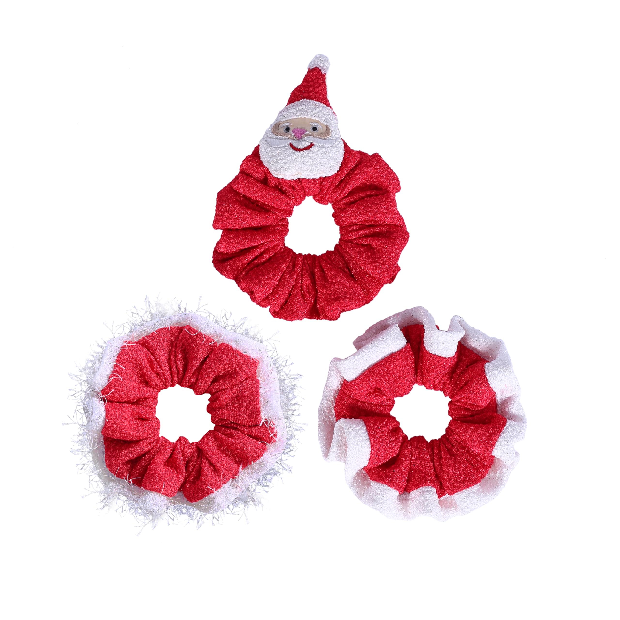 Santa Theme Hair Scrunchies 3-Piece Set for Women - Christmas Ponytail Holders, Red Velvet Scrunchies, Festive Holiday Hair Accessories - Perfect Christmas Gift for Her, Office Party & Family Gatherings