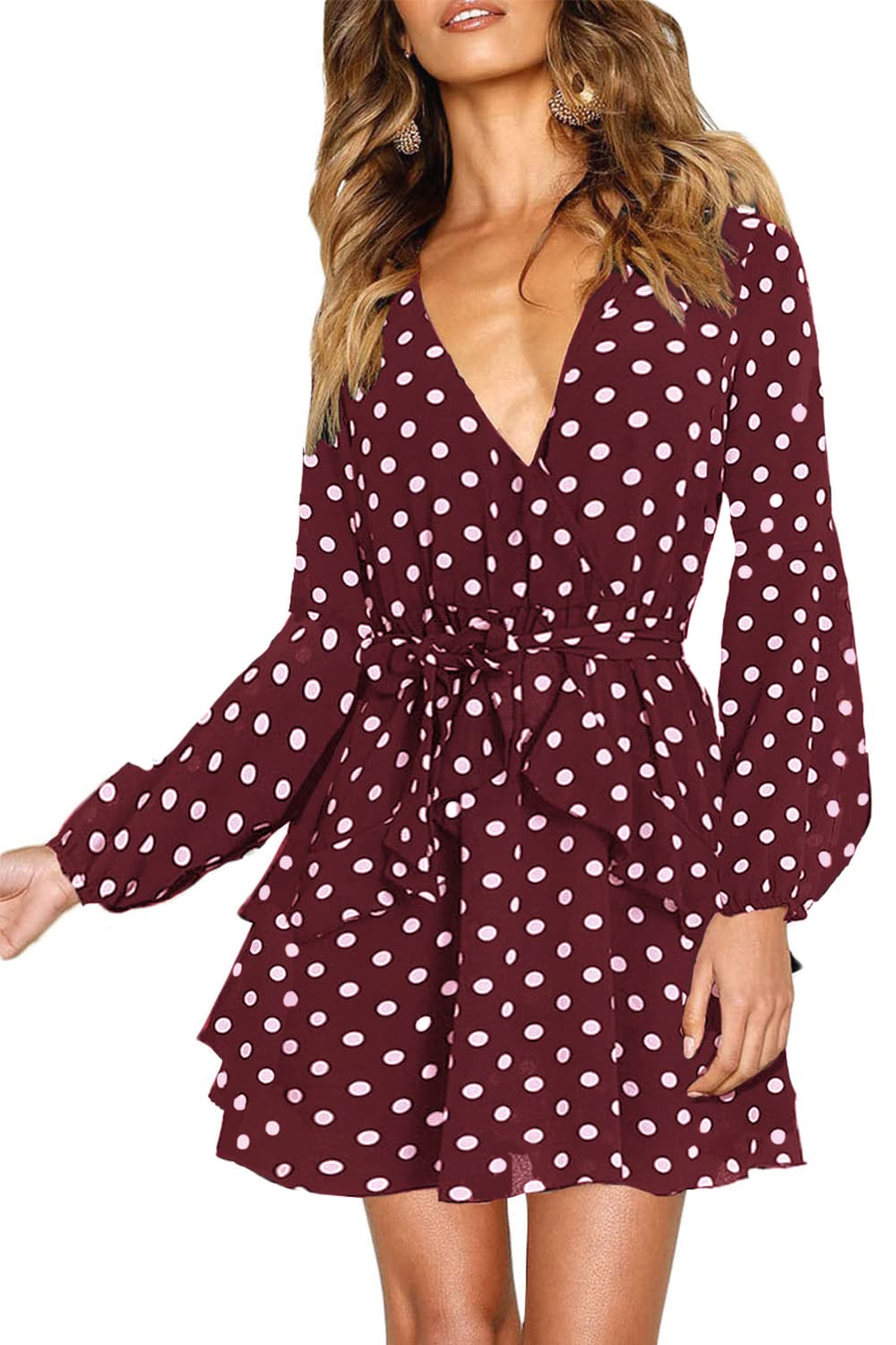 UGUEST Women's Floral Long Sleeve V-Neck Mini Dress with Belt - Elegant Cocktail Party, Wedding Guest & Holiday Party Outfit