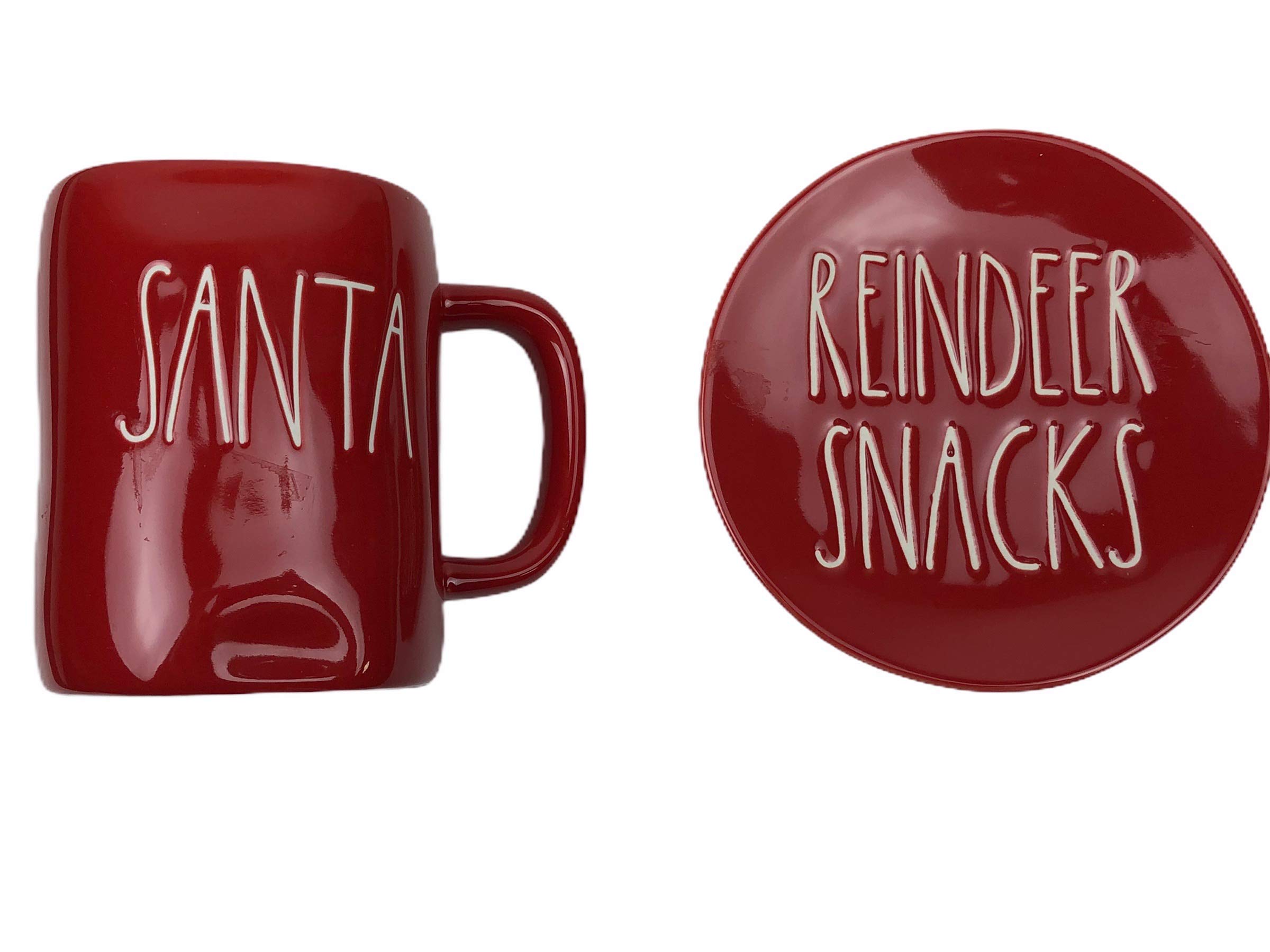 Rae Dunn Santa Mug with Reindeer Snacks Plate - Red Ceramic Christmas Cup with White Lettering - Perfect for Holiday Gifts, Hot Cocoa & Festive Decor