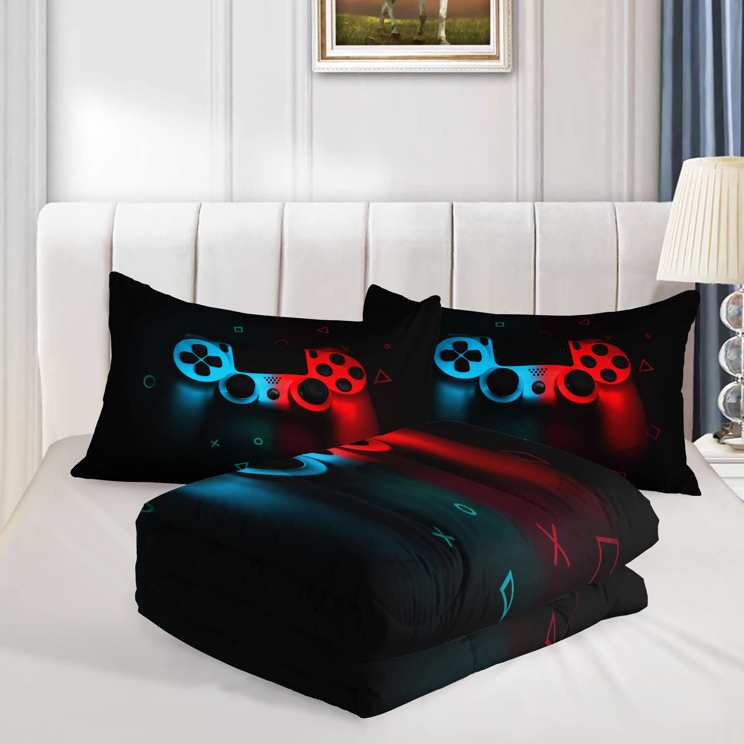 Premium HOSIMA Gaming Twin Comforter Set for Boys & Teens - Controller Pattern Video Game Bedding with 2 Pillow Shams - Perfect for Gamer Room Decor, Kids Bedroom, and Gaming Themed Sleepovers