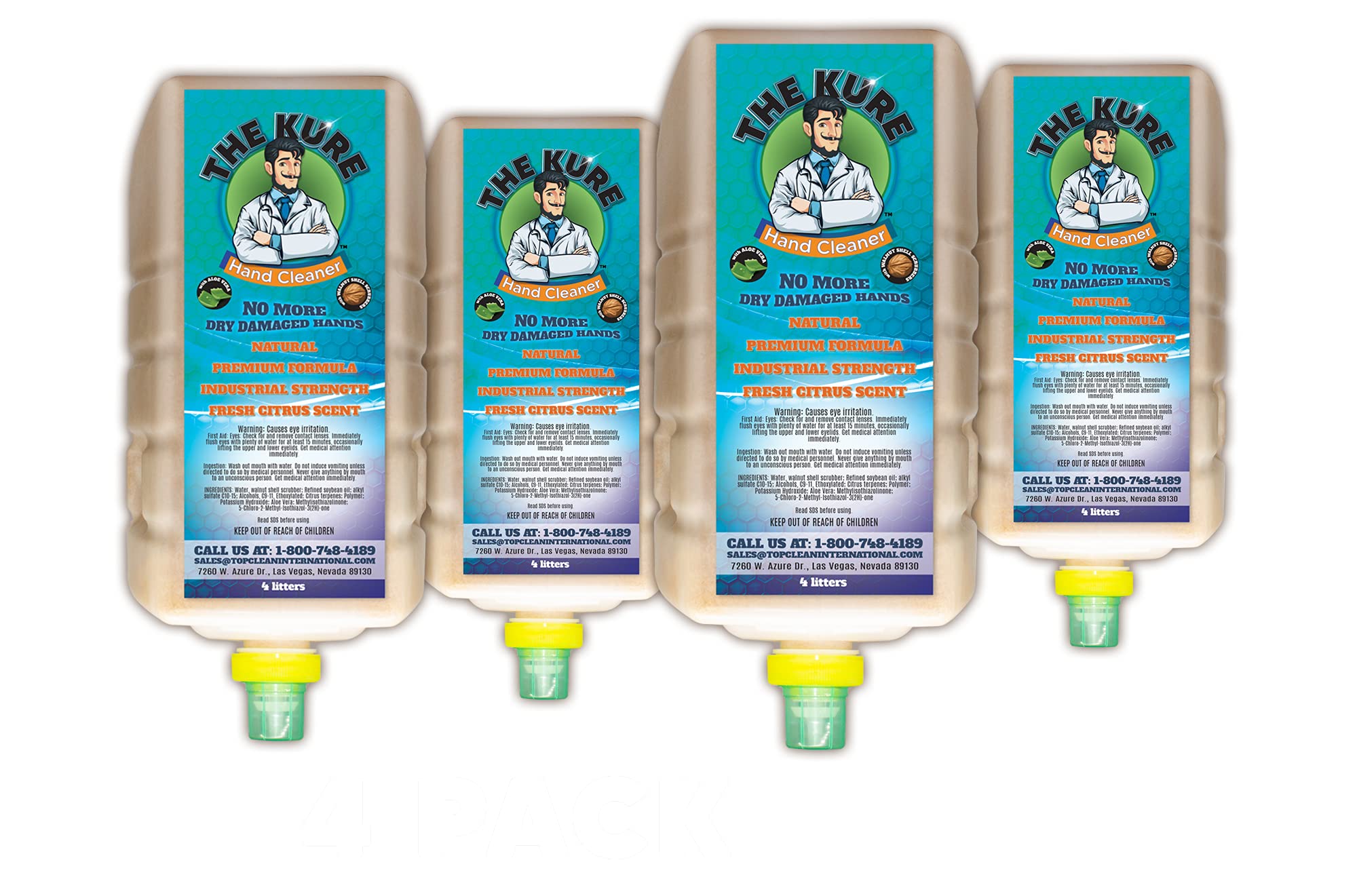 Kure Natural Industrial Premium Hand Cleaner Refill - 4 Pack (No Dispenser Included) | Heavy-Duty Degreaser for Mechanics, Construction & Auto Repair