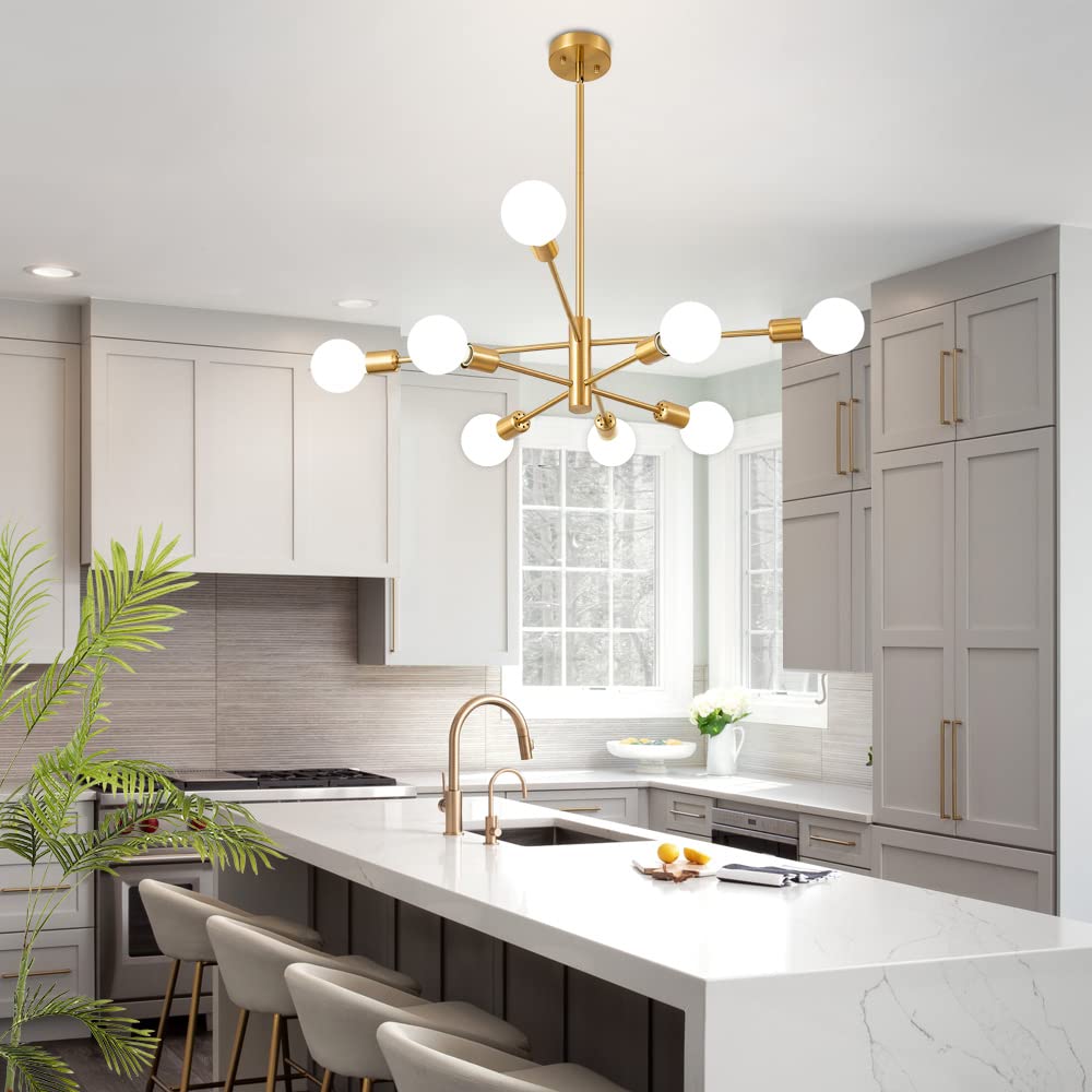 Modern Gold Sputnik Chandelier - Mid Century Ceiling Light Fixture with 8 E26 Bulbs for Living Room, Kitchen Island, Bedroom, Dining Room & Farmhouse | Elegant Lighting for Home Decor & Interior Design