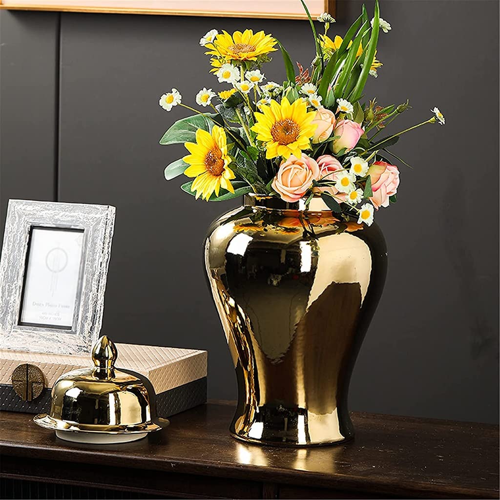 Elegant Gold Ginger Jar - Handcrafted Porcelain Temple Vase with Lid - Large Ceramic Decorative Jar for Home Decor | Perfect for Living Room, Dining Table & Shelf Display