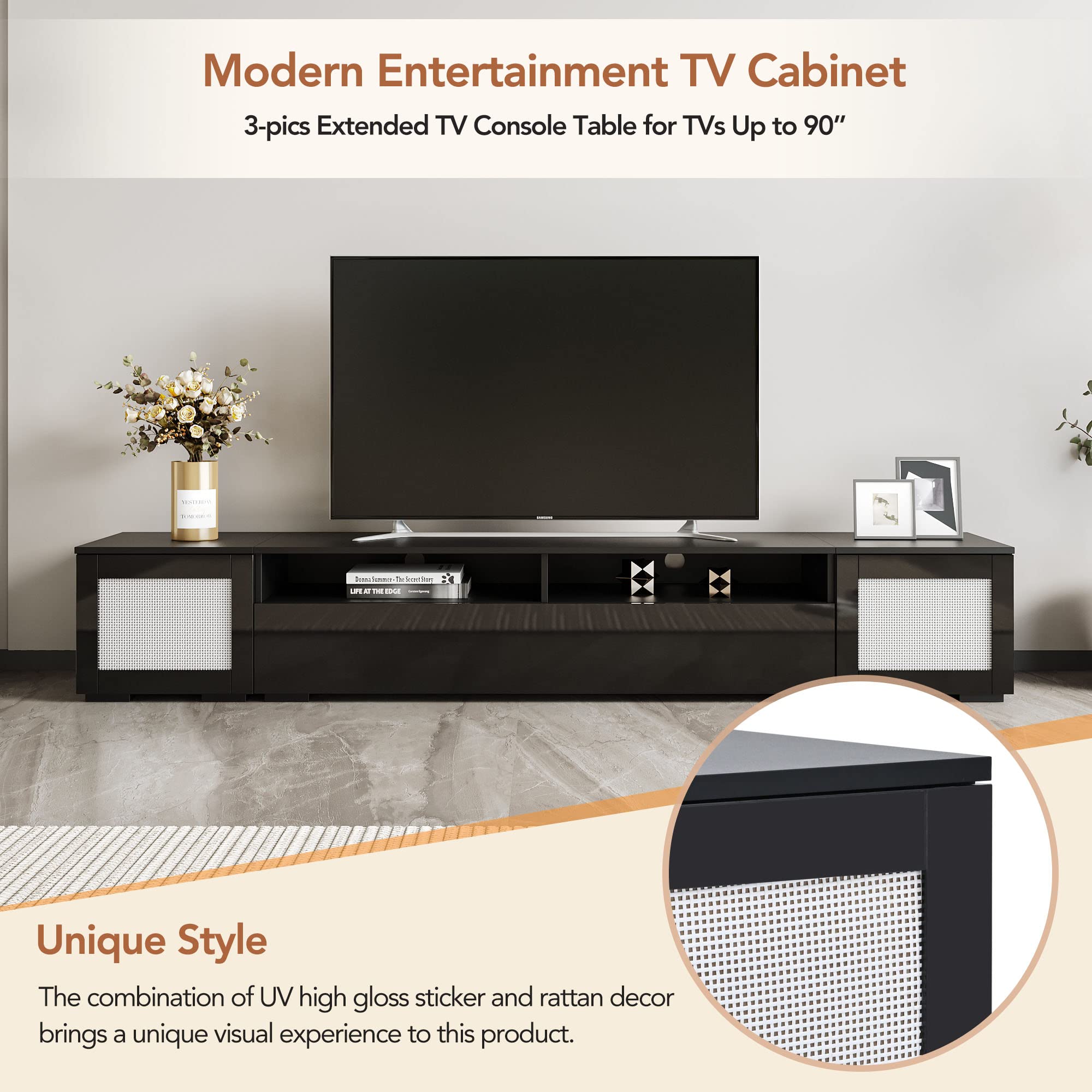 90 Inch TV Stand with LED Lights - Modern Entertainment Center for 85 80 75 70 Inch TVs, Black TV Console with Storage | Perfect for Living Room Home Theater Setup