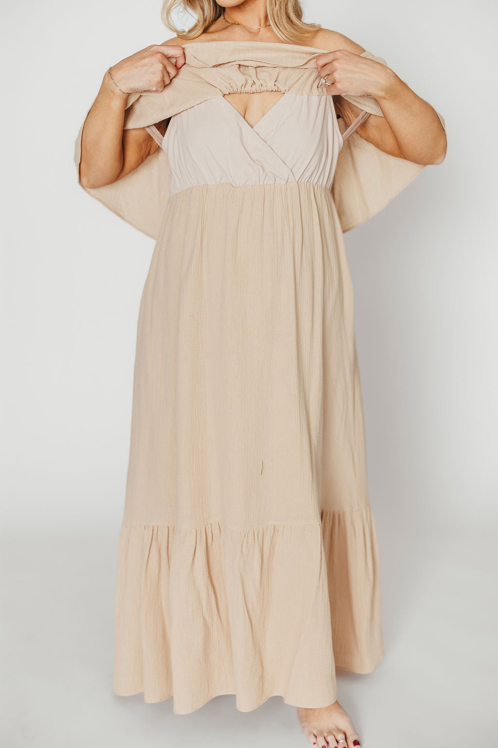 Josie 100% Cotton Maxi Dress in Beige - Bump & Nursing Friendly Maternity Dress for Pregnancy & Breastfeeding | Perfect for Casual Outings, Baby Showers & Nursing Comfort