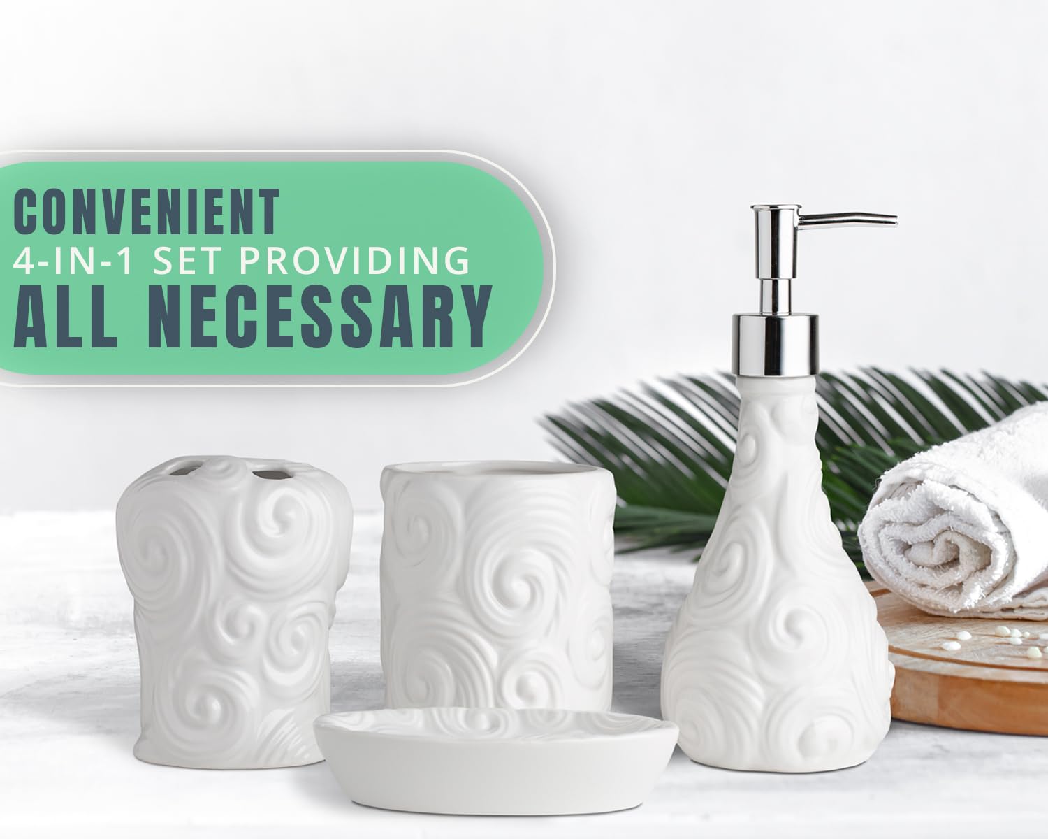 Comfify Designer 4-Piece Bathroom Accessories Set - Porcelain Soap Dispenser, Toothbrush Holder, Tumbler & Soap Dish - Glossy White Finish with Ocean Wave Design - 15.6oz Capacity - Perfect for Modern Bathrooms, Guest Suites & Spa-Style Decor