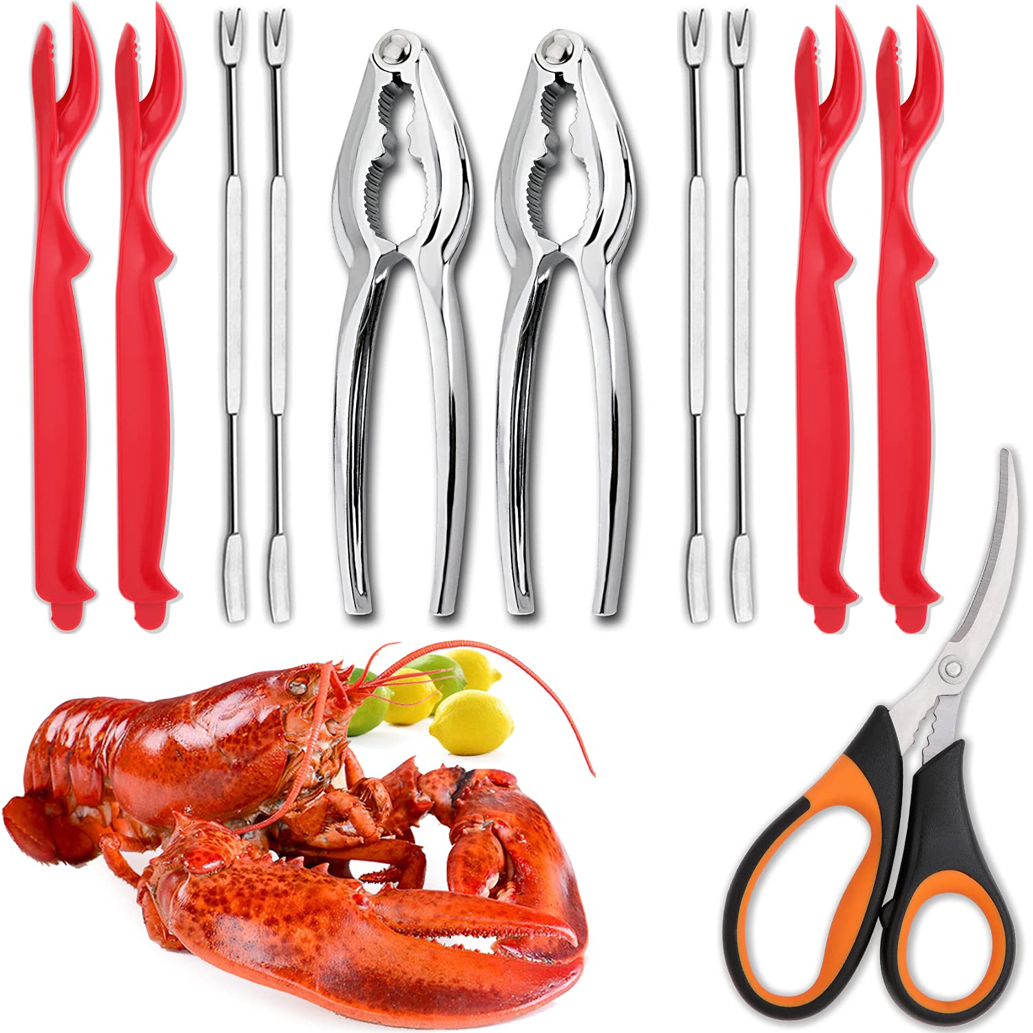 Premium 4-Piece Seafood Cracking & Picking Set - Includes 2 Crab Crackers, 4 Lobster Shellers, 4 Crab Leg Forks & 1 Seafood Scissors - Heavy Duty Nut & Shellfish Cracker Kit for Crab Legs, Lobster, Shrimp & More - Perfect for Seafood Boils, Dinner Parties & Family Gatherings