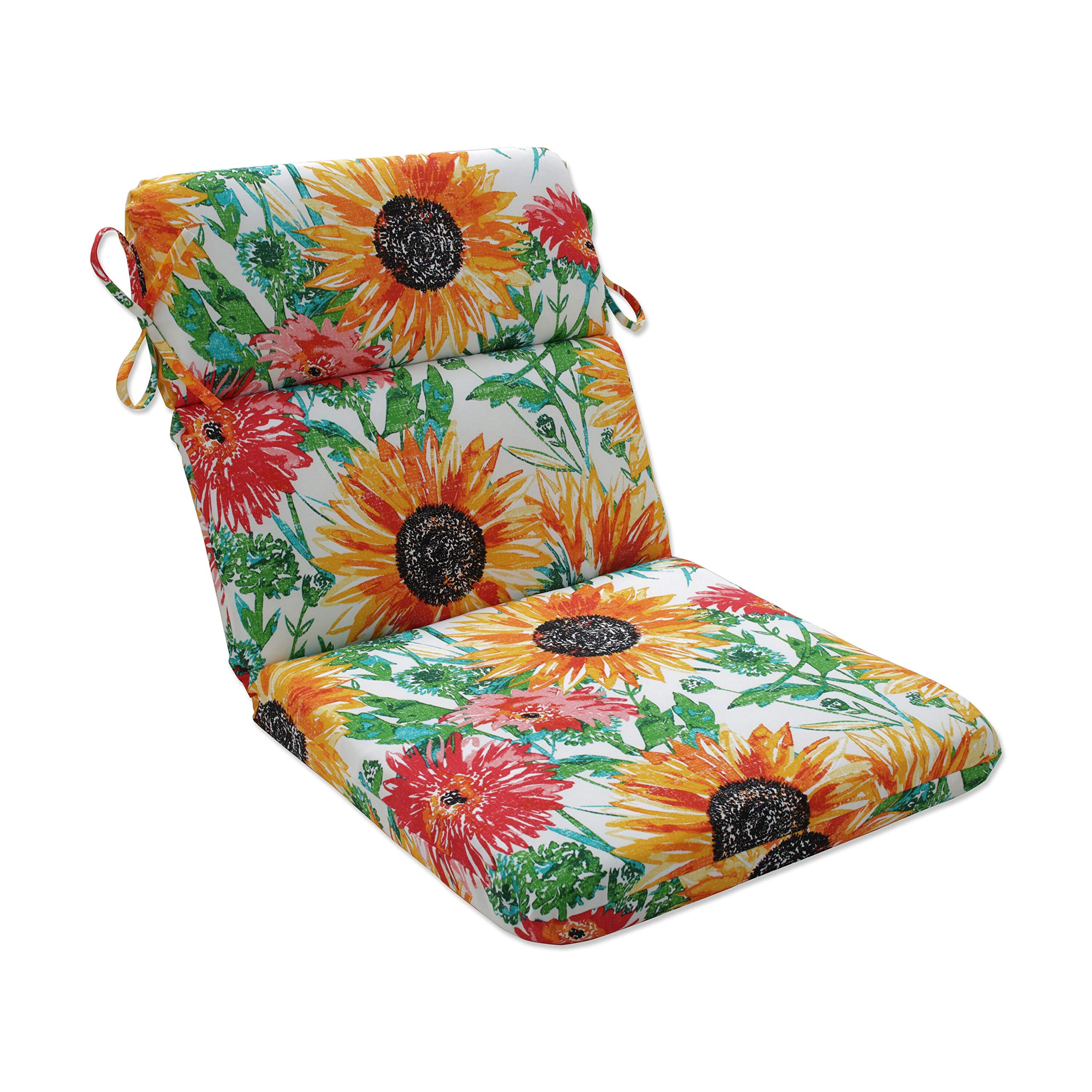 Pillow Perfect Bright Floral Indoor Outdoor Chair Cushion - 1-Piece Split Back Design with Ties, Rounded Corners & Deep Seat - Weather & Fade Resistant - 40.5 x 21 Inches - Yellow Green Sunflower Pattern - Perfect for Patio, Deck, Garden & Poolside Furniture