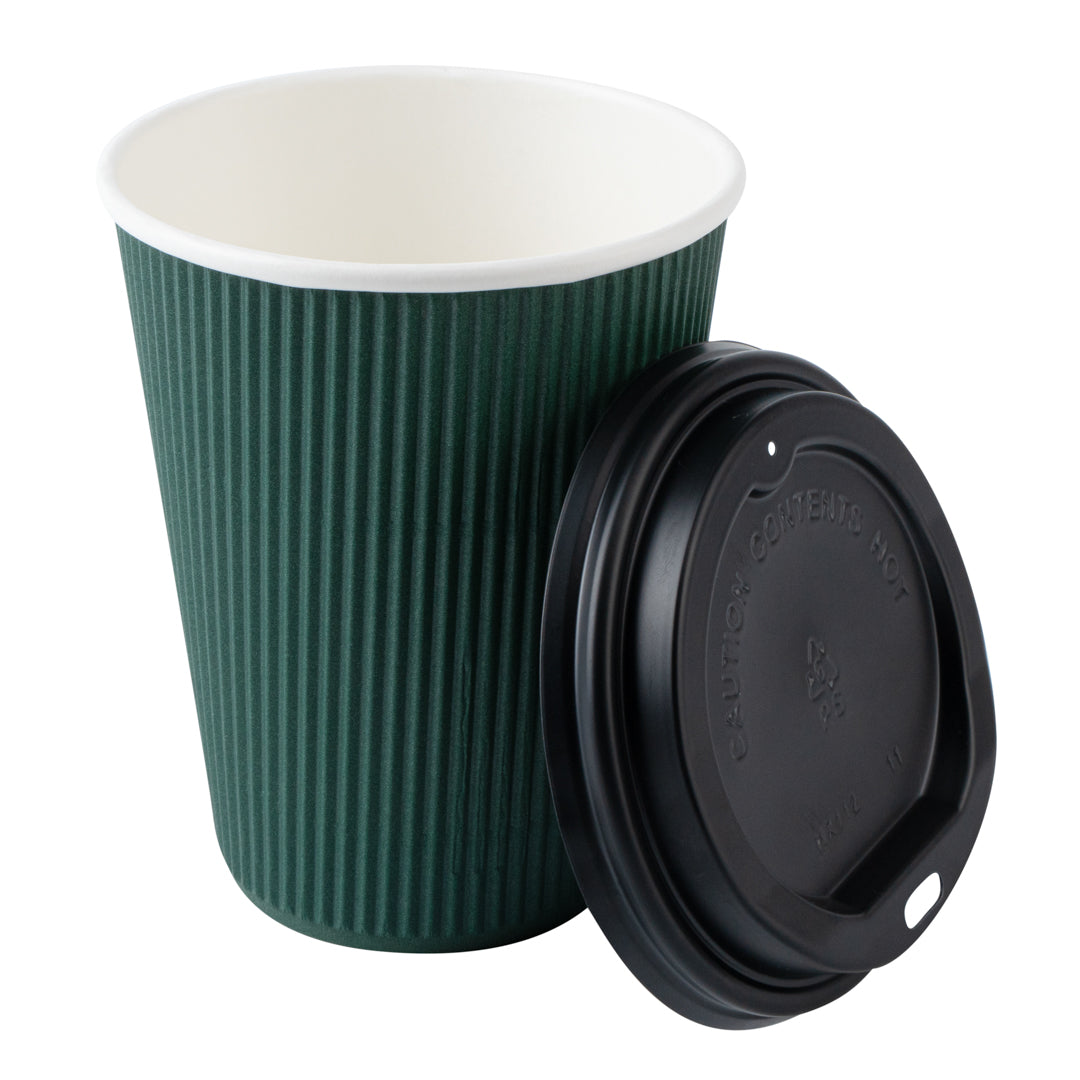 12 oz Eco-Friendly Dark Green Ripple Wall Coffee Cups with Black Lids - 3.5