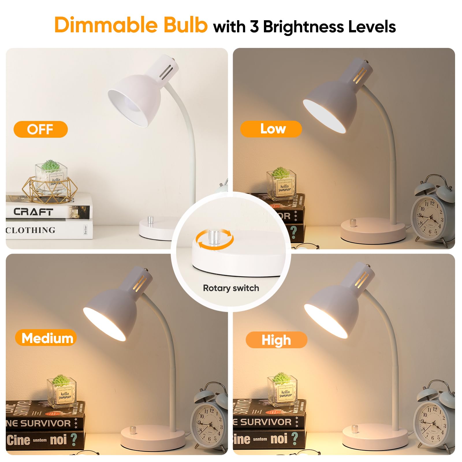 Energy-Saving LED Desk Lamp for Home Office & Study - Adjustable Brightness, Flexible Gooseneck, E26 Base - Perfect for Dorm Room, Bedside Table & Workspace (White) - Ideal for Reading, Working & Night Light Use