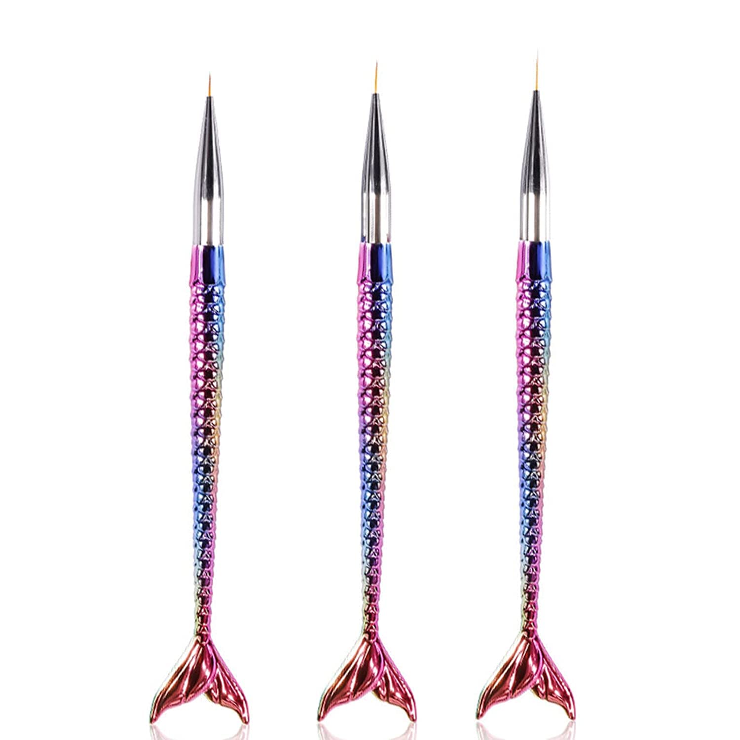 Gleevia 3-Piece Mermaid Line Nail Art Brush Set - Professional Detail Brushes for Nail Painting, Perfect for Family & Kids (Silver) | DIY Manicure, Salon Nail Design, Home Nail Art