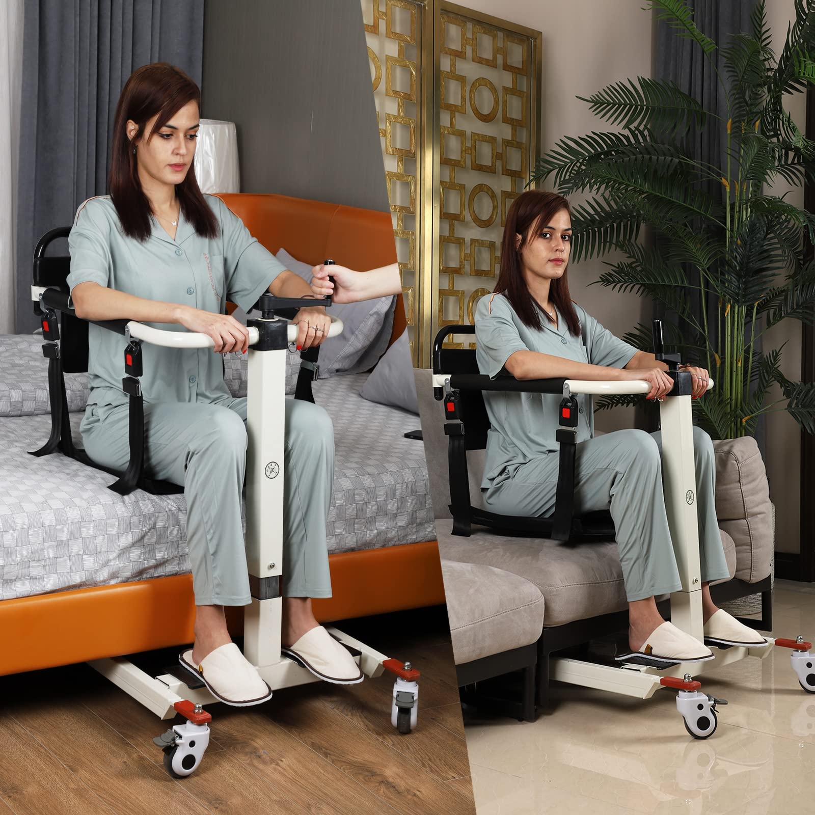 ODIETOM Patient Lift Wheelchair - Heavy Duty 275lbs Capacity Transfer Chair with 2 Comfort Cushions & Bedpan - Portable Mobility Aid for Elderly & Disabled - Ideal for Home Care, Hospitals & Nursing Facilities