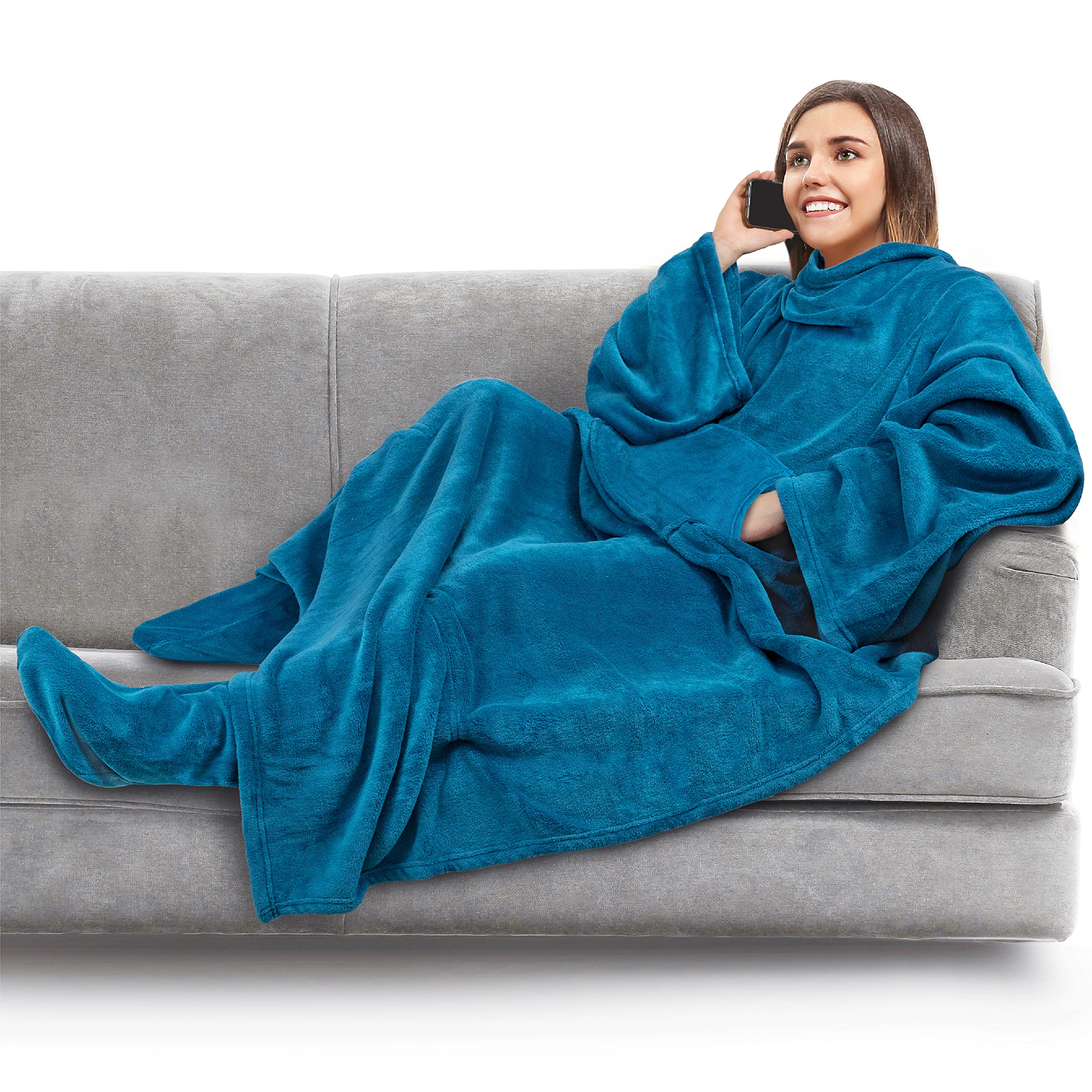 PAVILIA Wearable Fleece Blanket with Sleeves & Foot Pockets - Soft Plush Blanket Robe for Women & Men - Cozy Gift for Wife or Mom - Perfect for Winter Nights, Movie Time & Relaxation - Teal Blue