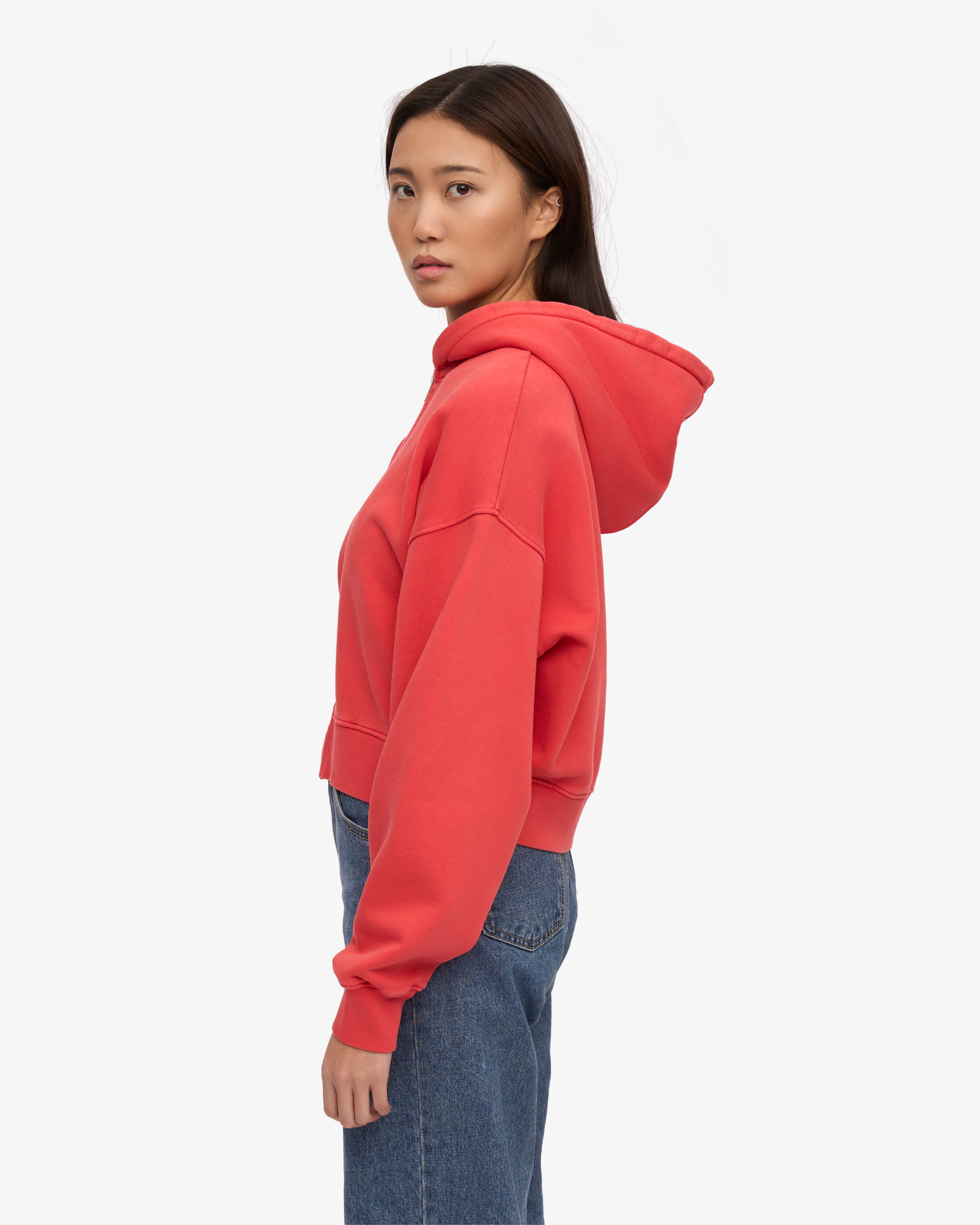 Organic Crop Zip Hoodie - Red Tangerine Color | Women's Casual Pullover for Streetwear & Loungewear | Perfect for Gym, Yoga & Everyday Wear