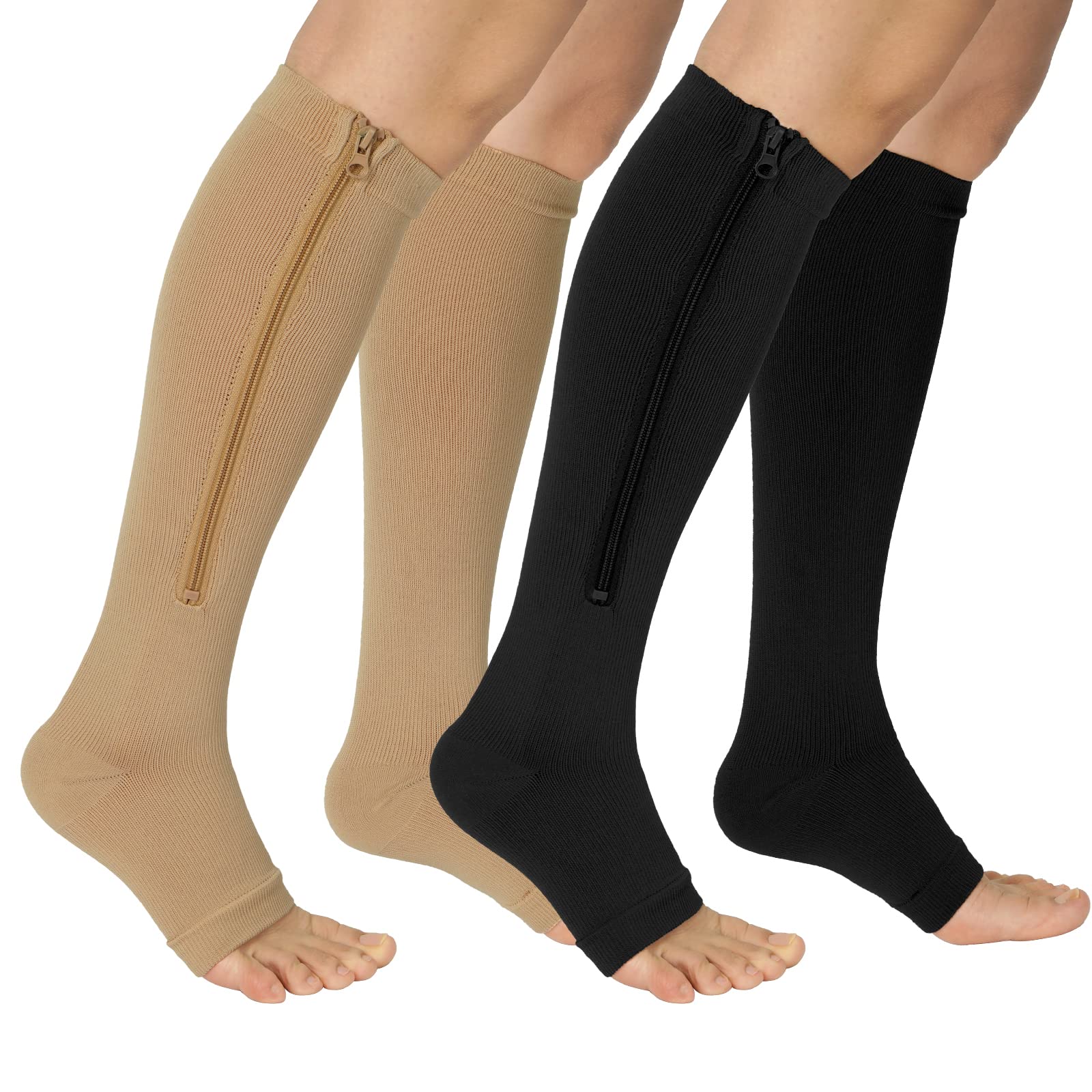 Ktinnead 2 Pairs Zipper Compression Socks for Women & Men - Breathable Support Socks for Running, Travel & Recovery - Perfect for Athletes, Nurses & Long Flights