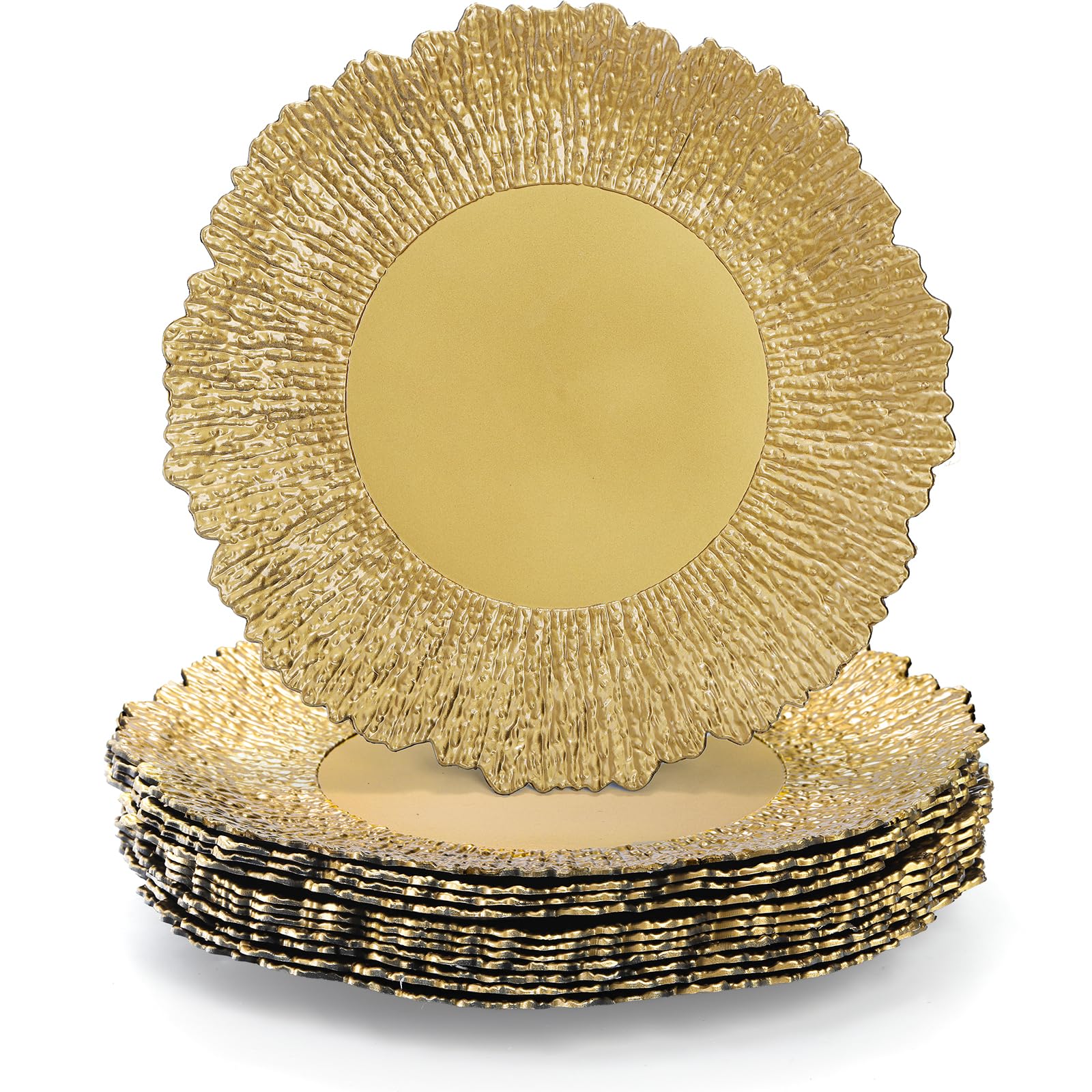 Coloch Set of 12 Gold Plastic Charger Plates - 13 Inch Round Shiny Reusable Dinner Plates for Wedding, Party & Restaurant Decor - Elegant Table Setting for Catering, Home Dining & Special Events
