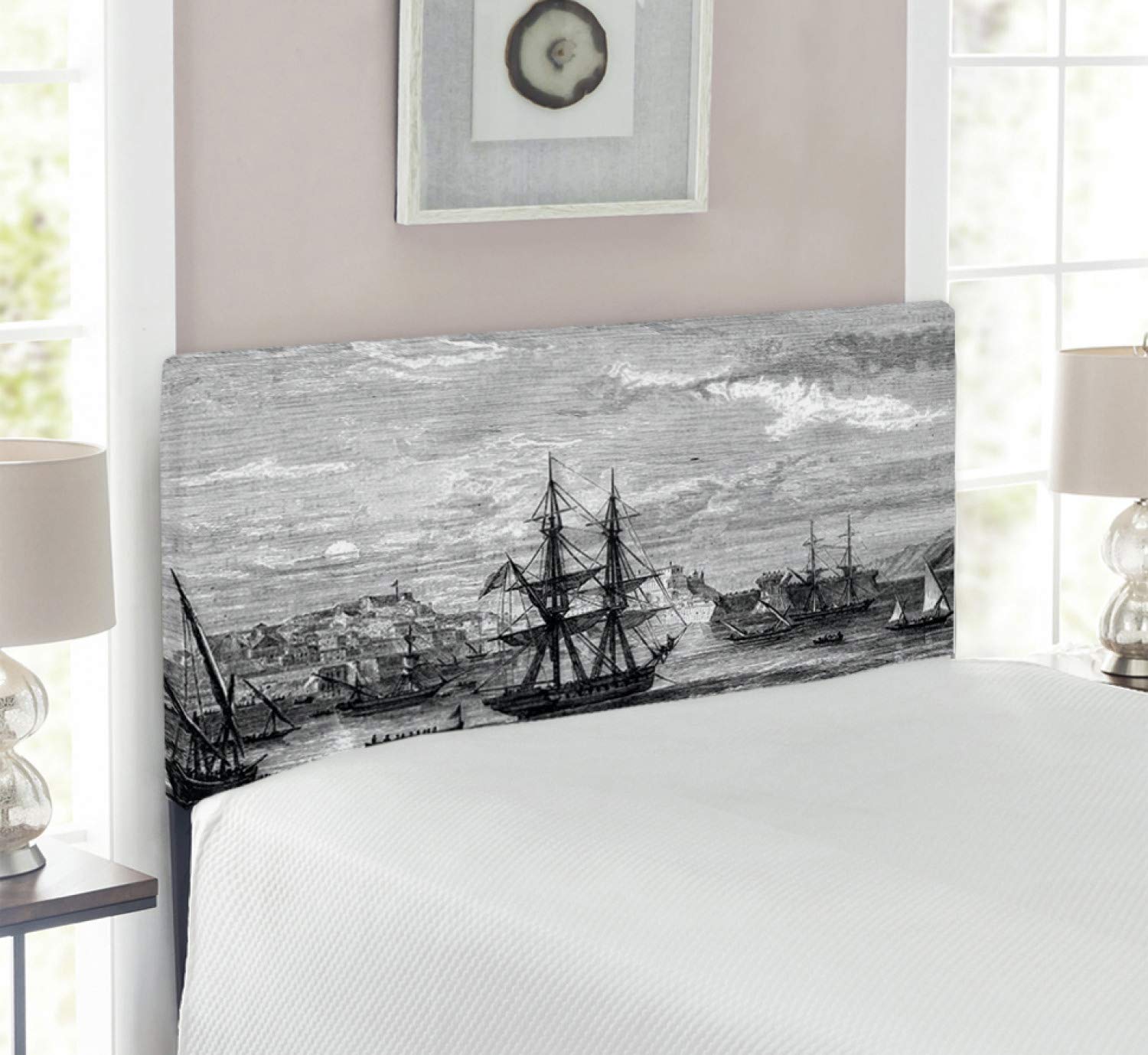 Ambesonne Antique Upholstered Headboard - Vintage French Sailing Ships Design, Twin Size Metal Bed Frame with Memory Foam | Black & Grey Historical Decor | Perfect for Coastal, Nautical or Vintage Bedroom Themes