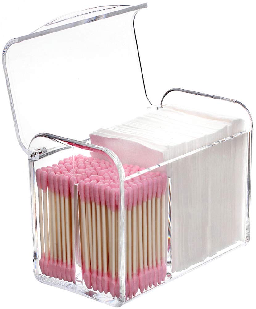Sooyee 3-Compartment Plastic Apothecary Jar - Cotton Ball, Swab & Round Pad Organizer | Bathroom & Vanity Storage Dispenser for Floss, Qtips & Beauty Supplies | Clear Countertop Organizer for Home, Salon & Spa