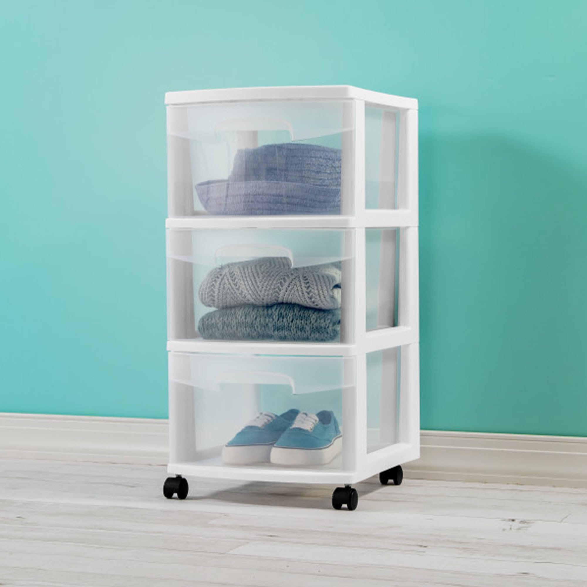Sterilite 4-Pack 3-Drawer Rolling Storage Cart - White Plastic Organizer Bins for Closet, Bathroom & Office Organization - Space-Saving Mobile Storage Solution for Home, Dorm or Workplace