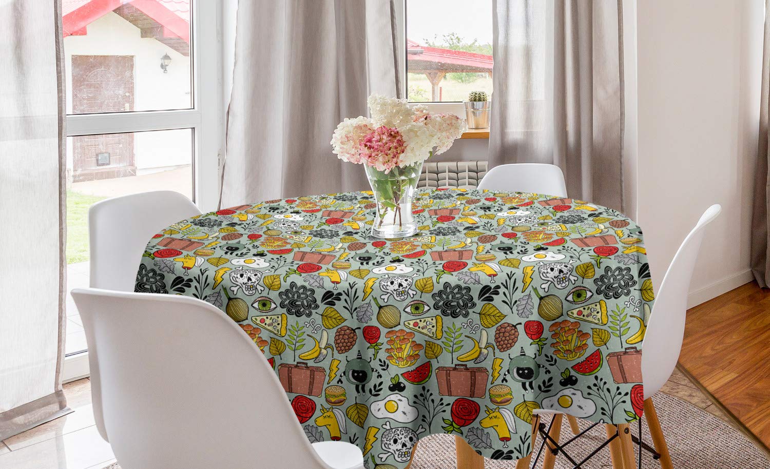 Ambesonne Grunge Round Tablecloth - Skull, Omelet, Watermelon, Onion, Mushroom & Banana Food Illustration - 60