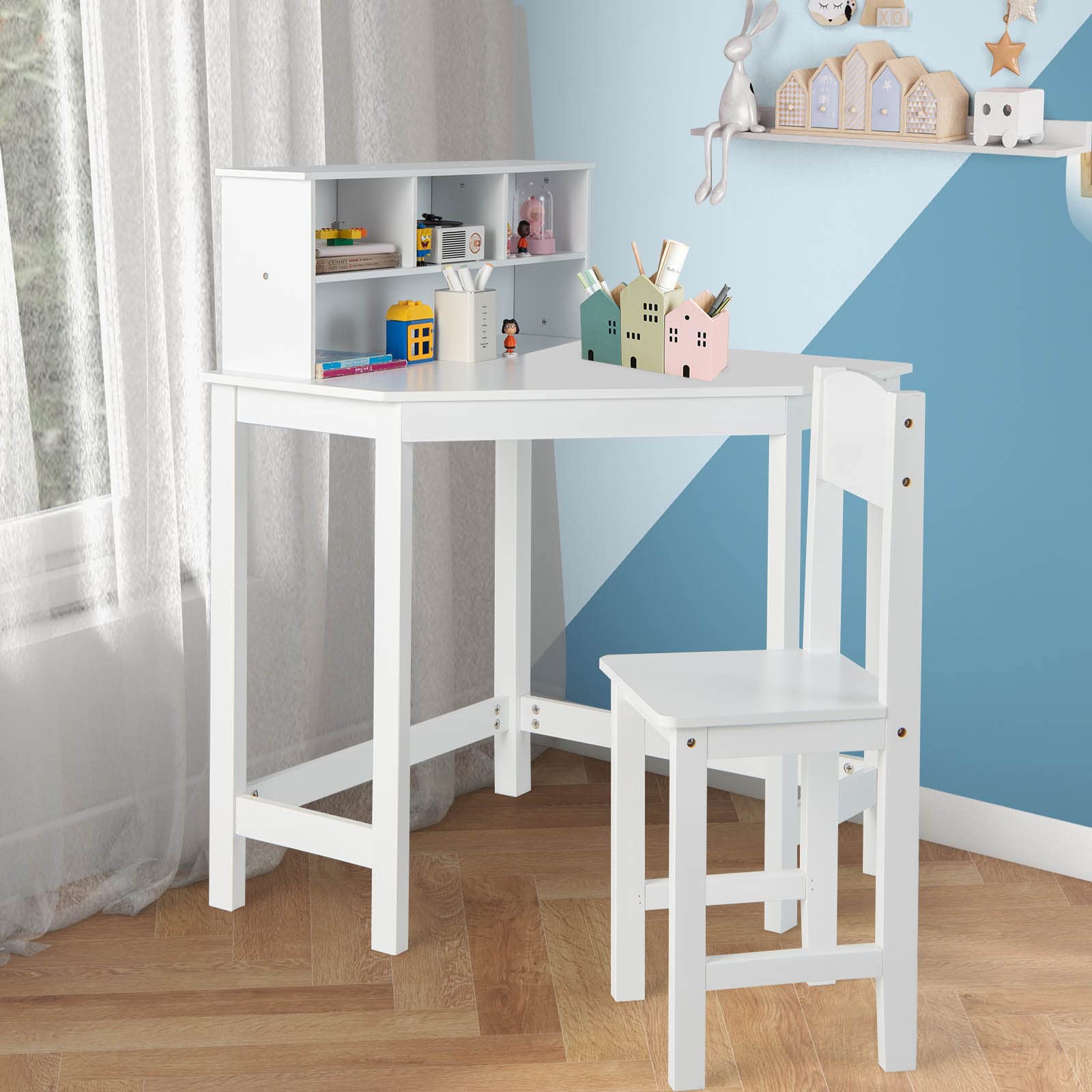 Costzon Kids Desk and Chair Set - White Study Table with Hutch for Small Spaces | Children's Bedroom & School Workstation | Space-Saving Computer Desk for Homework, Online Learning & Creative Activities