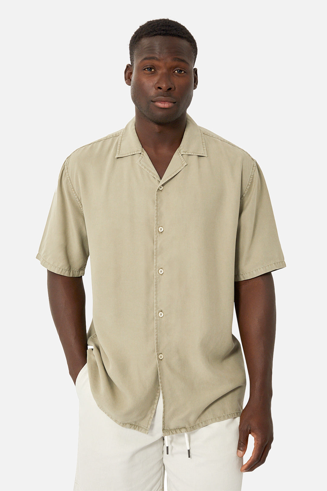 Tencel Camp Collar Short Sleeve Shirt - Light Army Green - Breathable & Eco-Friendly Men's Casual Shirt for Summer Travel, Outdoor Adventures & Street Style