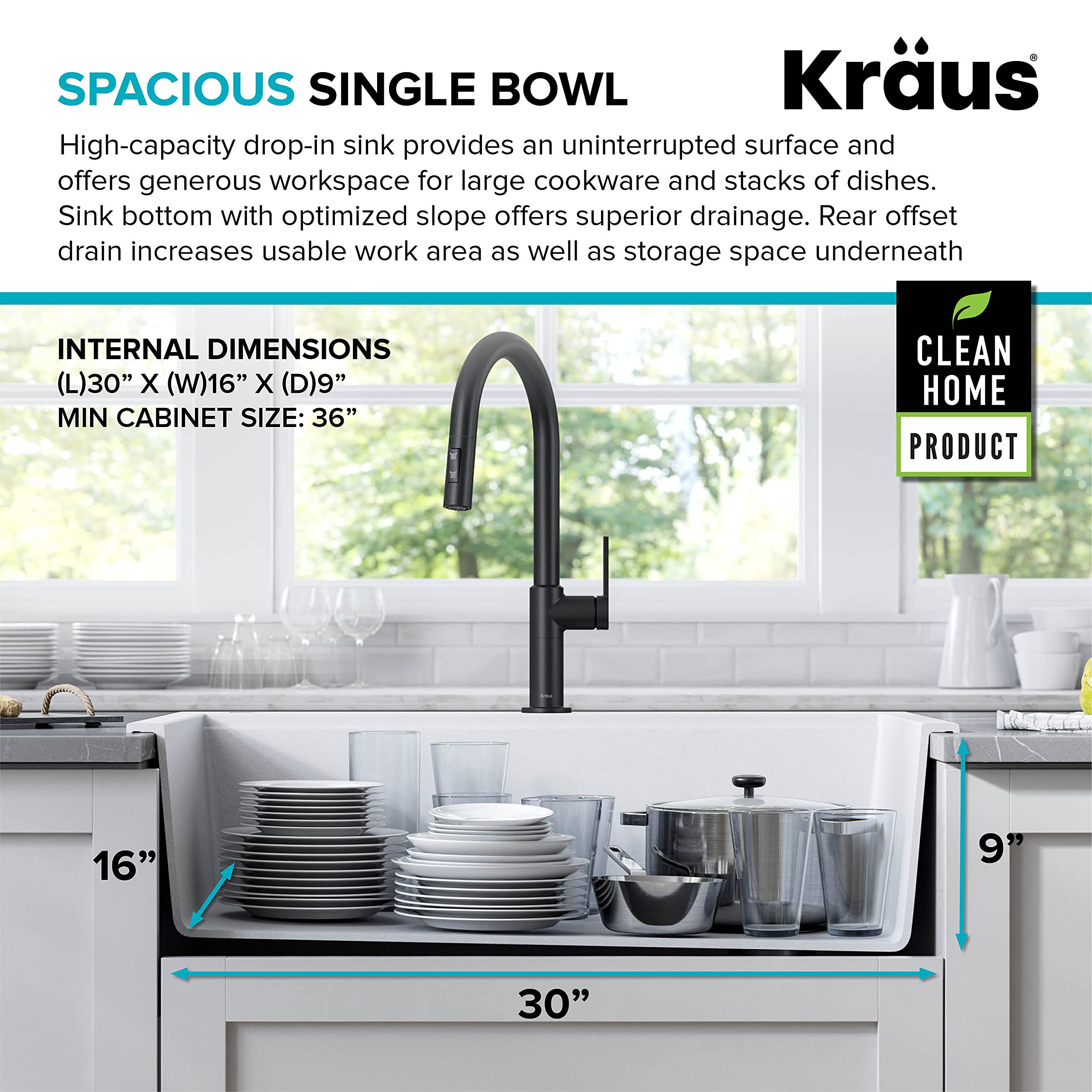 KRAUS Bellucci 33-Inch Drop-In Granite Composite Single Bowl Kitchen Sink in White with Accessories & WasteGuard™ Garbage Disposal – Perfect for Modern Kitchens, Dishwashing & Food Prep