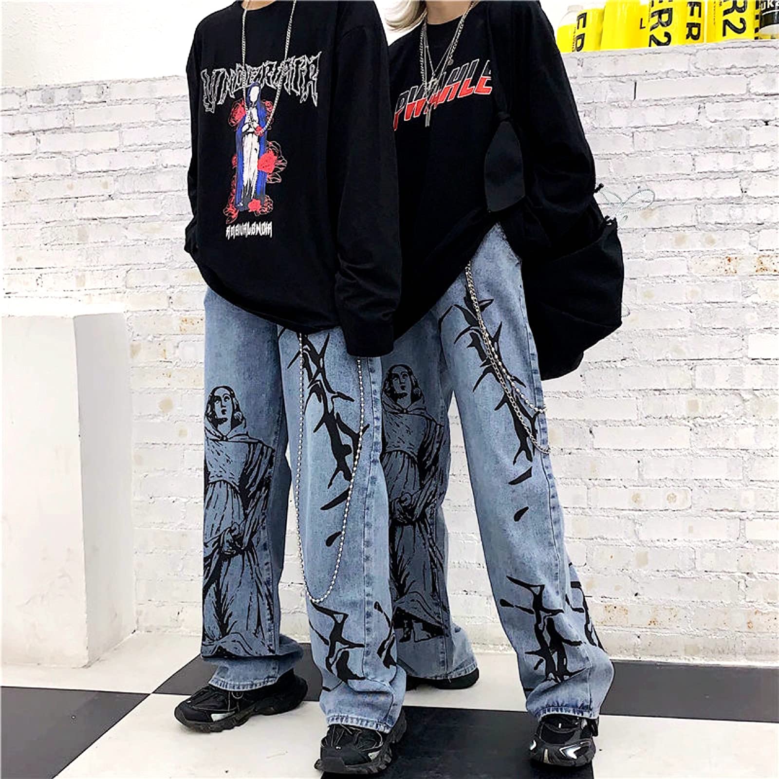 FOMOYUU High Waisted Baggy Jeans for Women - Y2K Streetwear Fashion with Print Design | Perfect for Teen Girls & Casual Outfits | Great for Parties, Shopping & Everyday Wear