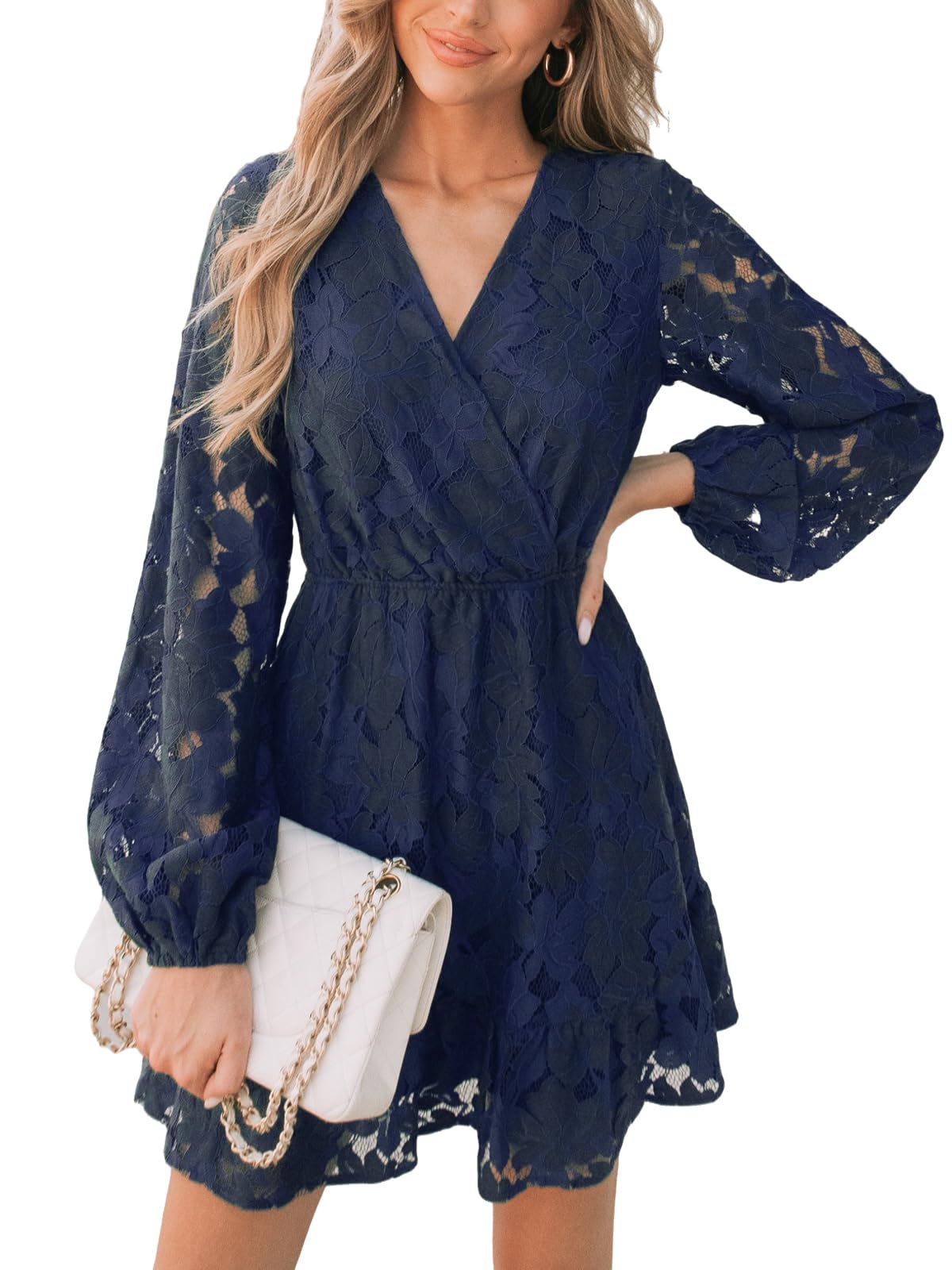 CUPSHE Women's Elegant V-Neck Lace Peasant Sleeve Summer Dress - Elastic High Waist A-Line Mini Dress for Wedding Guest, Beach Vacation & Casual Outings
