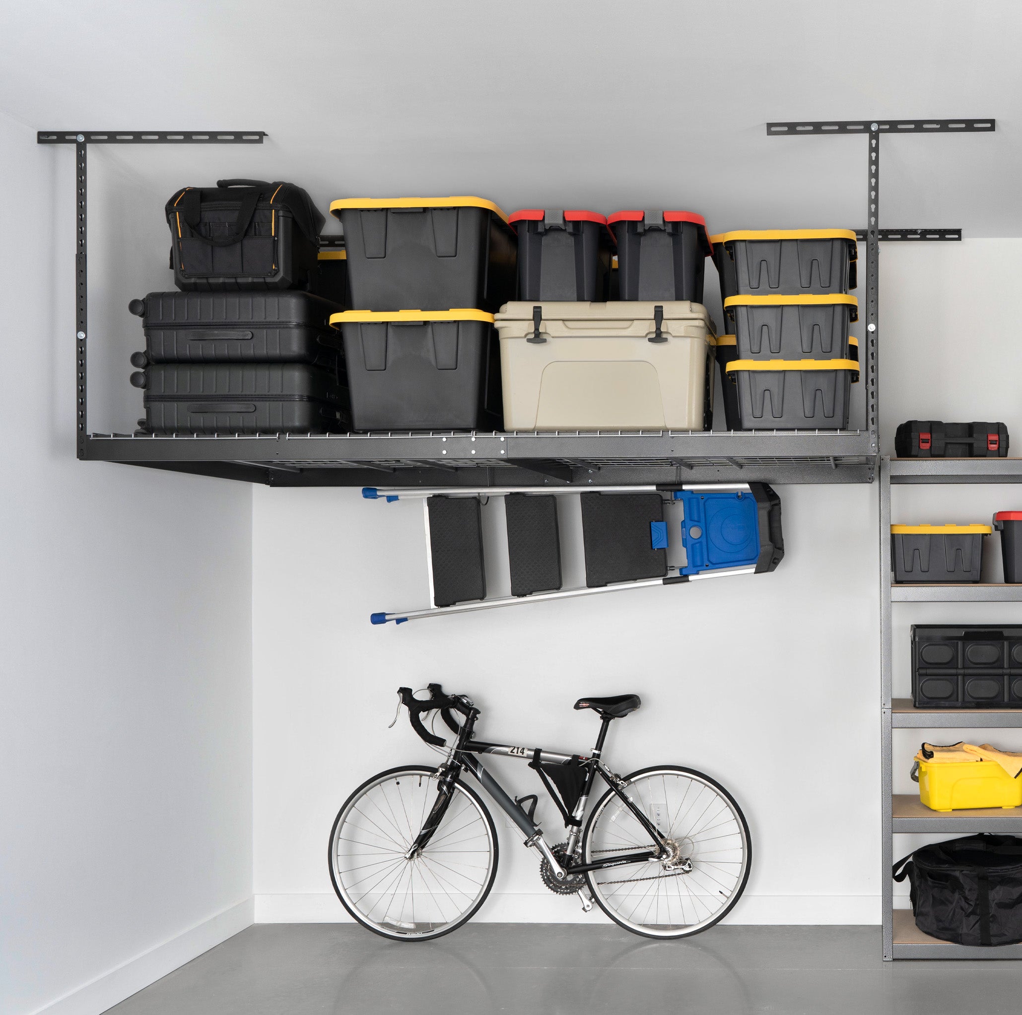 4' x 8' Overhead Garage Storage Rack System with 5 Durable Storage Bins (Red) - Perfect for Organizing Tools, Sports Equipment & Seasonal Items in Your Garage or Shed