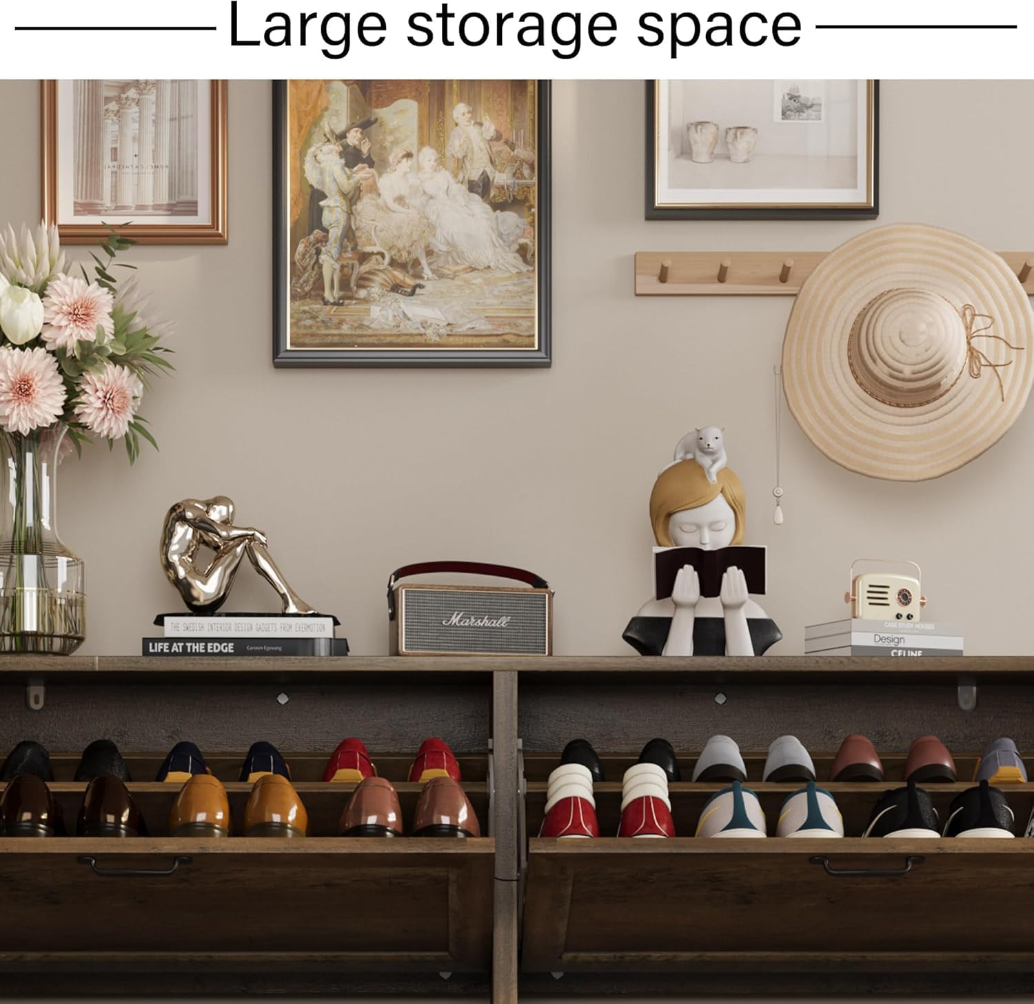 4-Drawer Flip Shoe Cabinet Organizer - Narrow Freestanding Shoe Storage for Entryway & Hallway - Hidden Shoe Rack with Space-Saving Design - Perfect for Small Spaces, Apartments & Closet Organization (Brown)