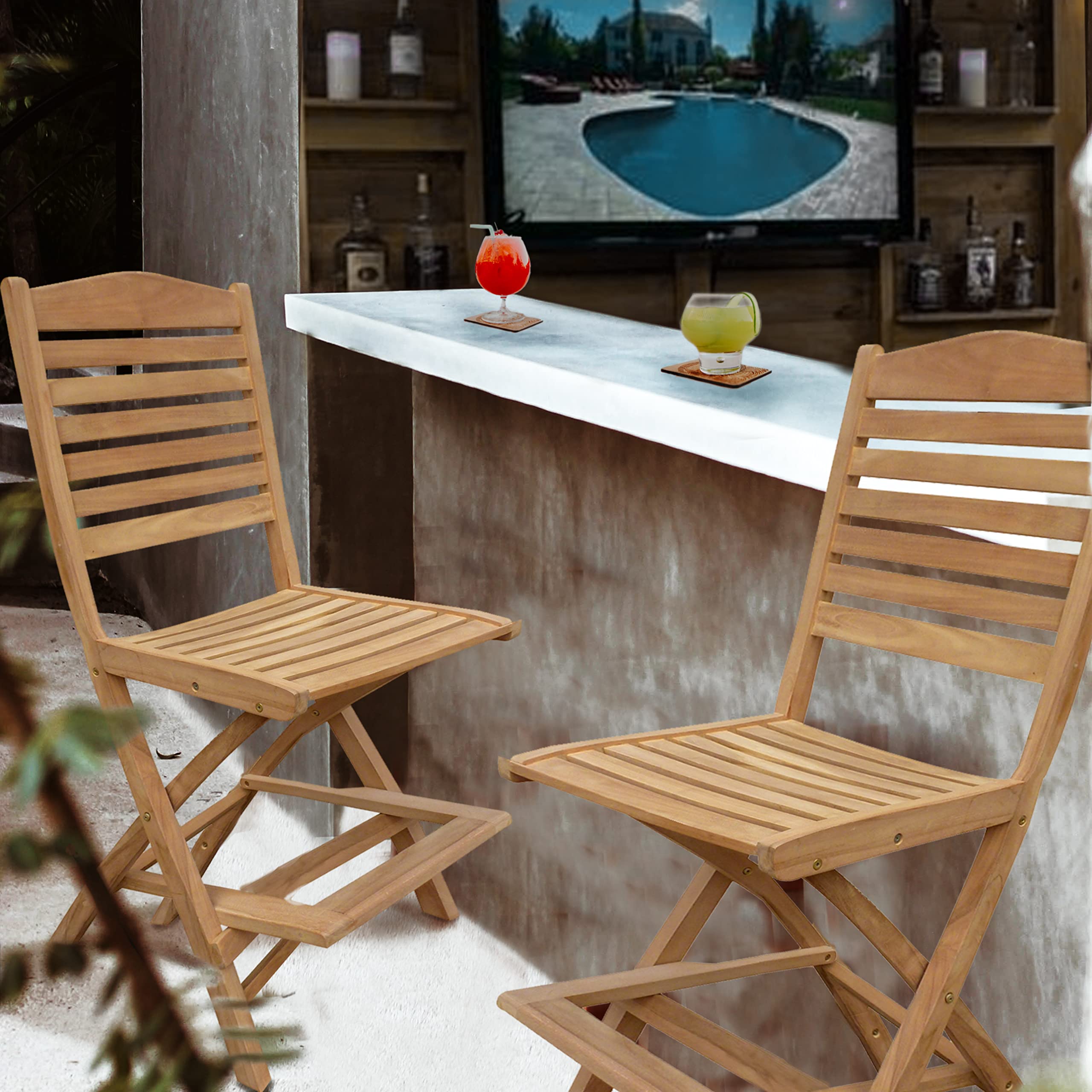 Premium Solid Teak Wood Folding Bar Stool - Seven Seas Oceanview Outdoor Patio Furniture for Beach Houses, Poolside Lounging & Backyard Entertaining