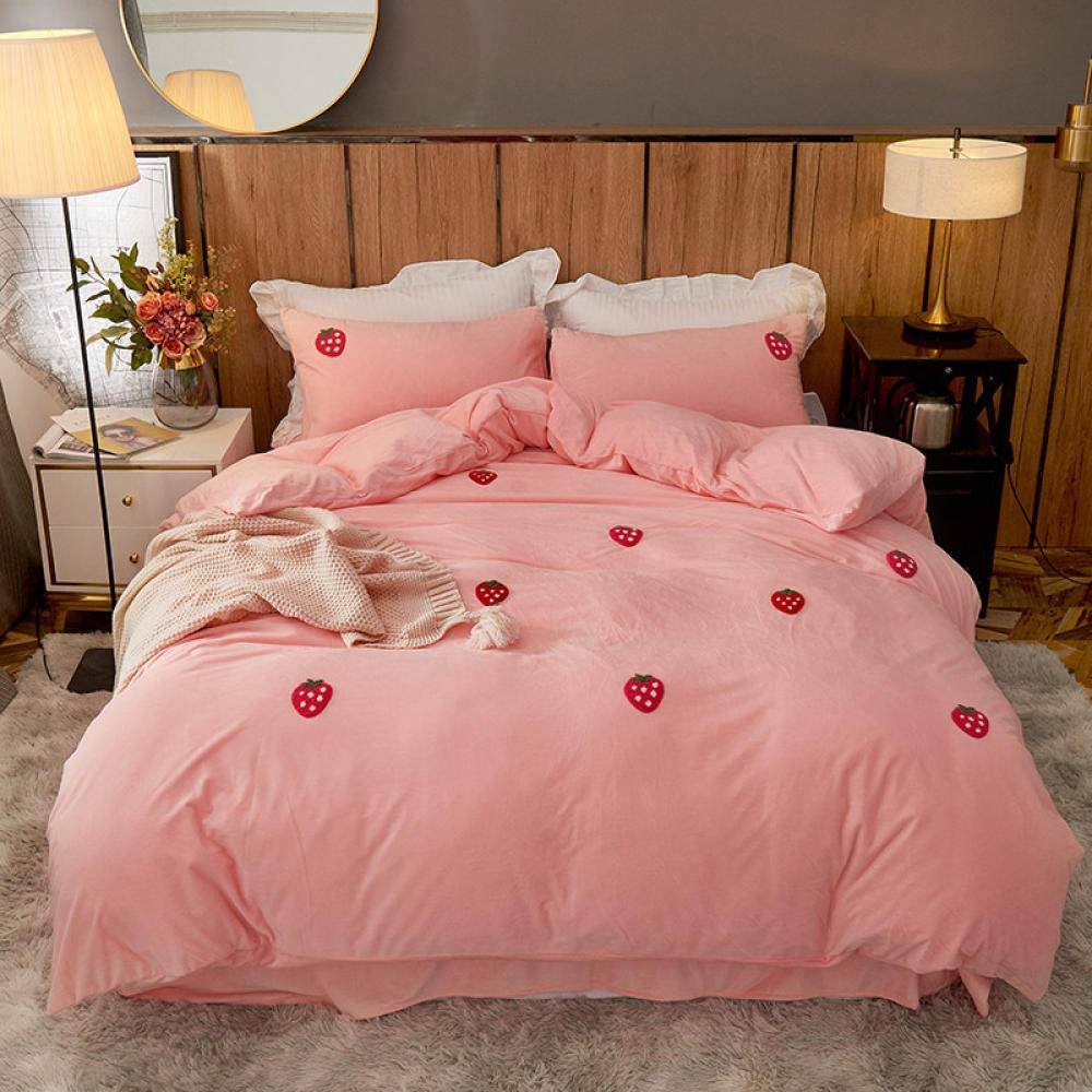 Soft Flannel Duvet Cover Queen Size - 4-Piece Luxury Velvet Bedding Set with Embroidered Design in Warm Strawberry Pink (200x230cm) - Cozy Winter Bedroom Decor for Master & Guest Rooms