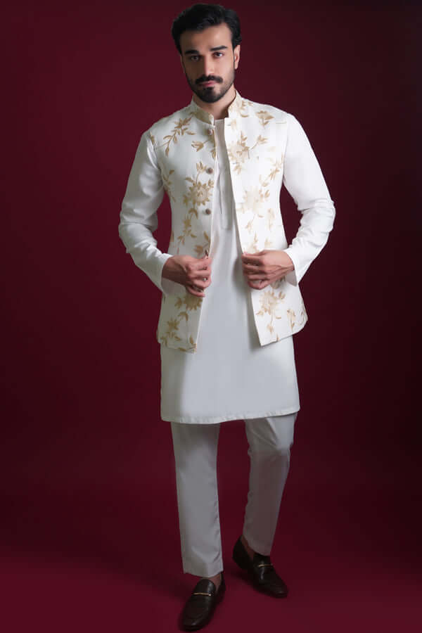 Elegant Ghalib Off White & Gold Embroidered Waistcoat Set for Men | Premium Formal Vest with Intricate Embroidery | Perfect for Weddings, Parties & Special Occasions