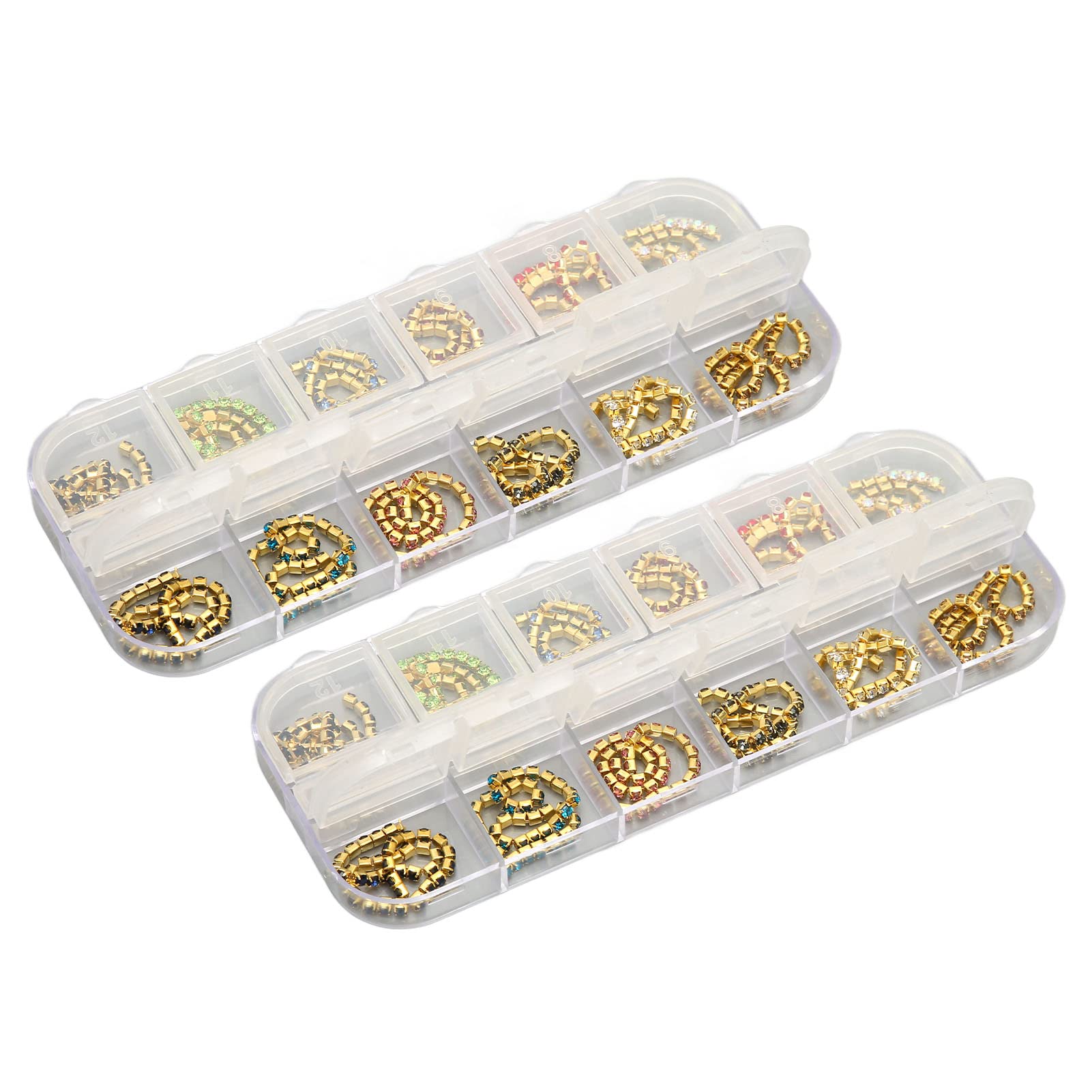 2 Boxes Nail Claw Chain Rhinestones - 2mm Flat Bottom Gold Chain Nail Art Decorations (12 Grids) for DIY Nail Jewelry & Salon Manicures - Perfect for Nail Art Designs, Bridal Manicures, and Professional Salon Use