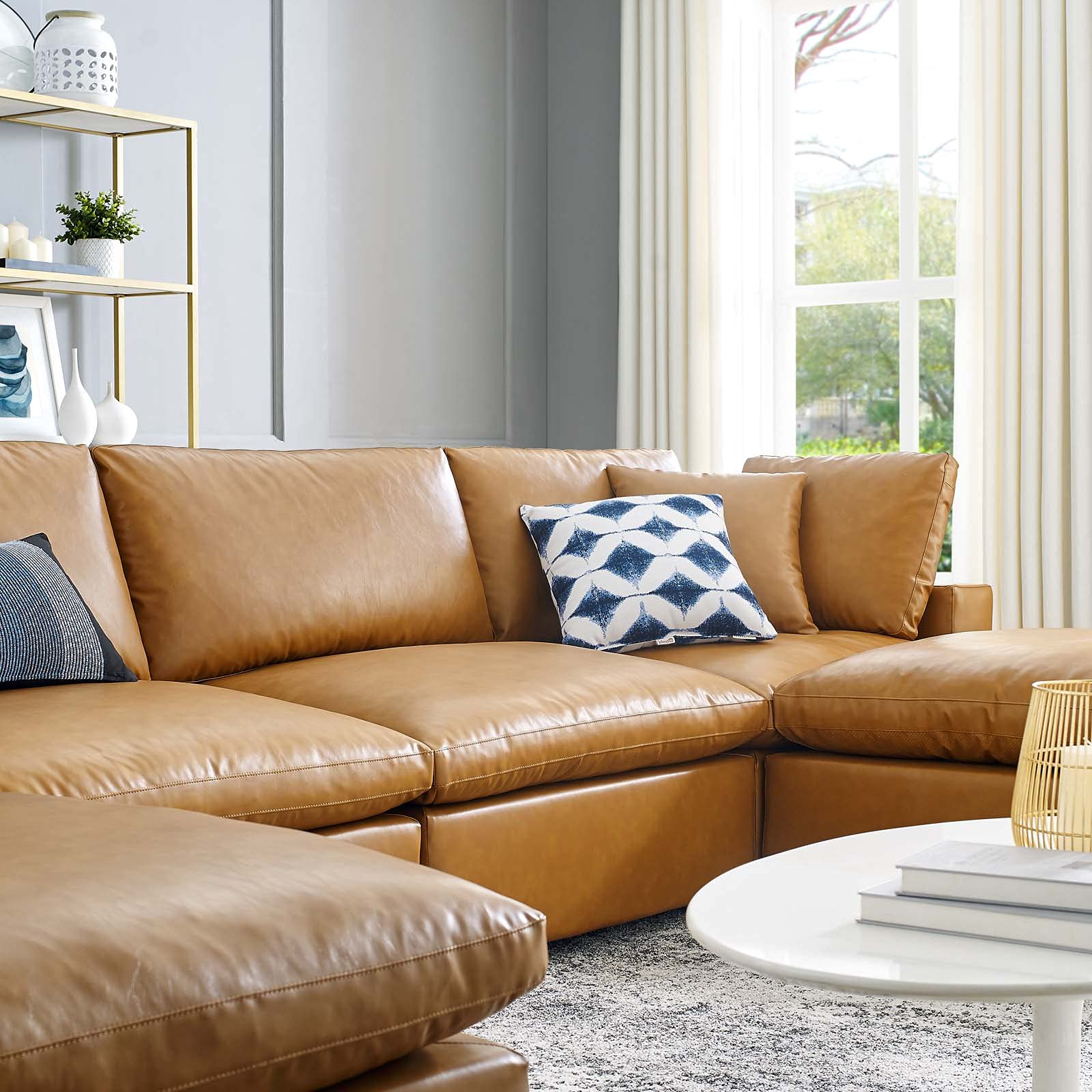 Modern Contemporary Sectional Sofa Set - Faux Vegan Leather in Tan - Perfect for Lounge, Hotel Lobby & Hospitality Spaces