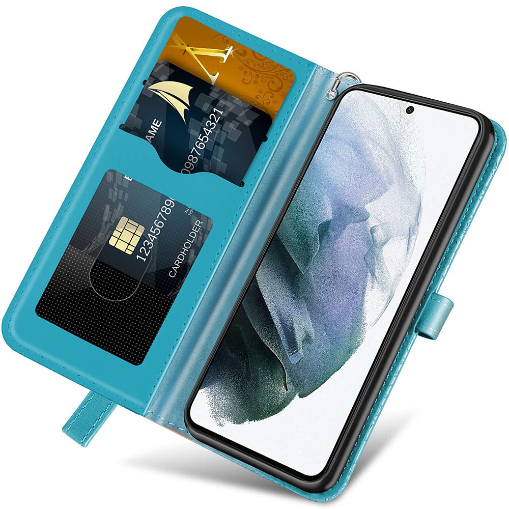Premium PU Leather Samsung Galaxy S22 Case with Kickstand & Card Slots - Embossed Tree Design, Wrist Strap, 6.1 Inch Protective Wallet Cover for Samsung S22 (Royal Blue) | Perfect for Work, Travel & Everyday Use