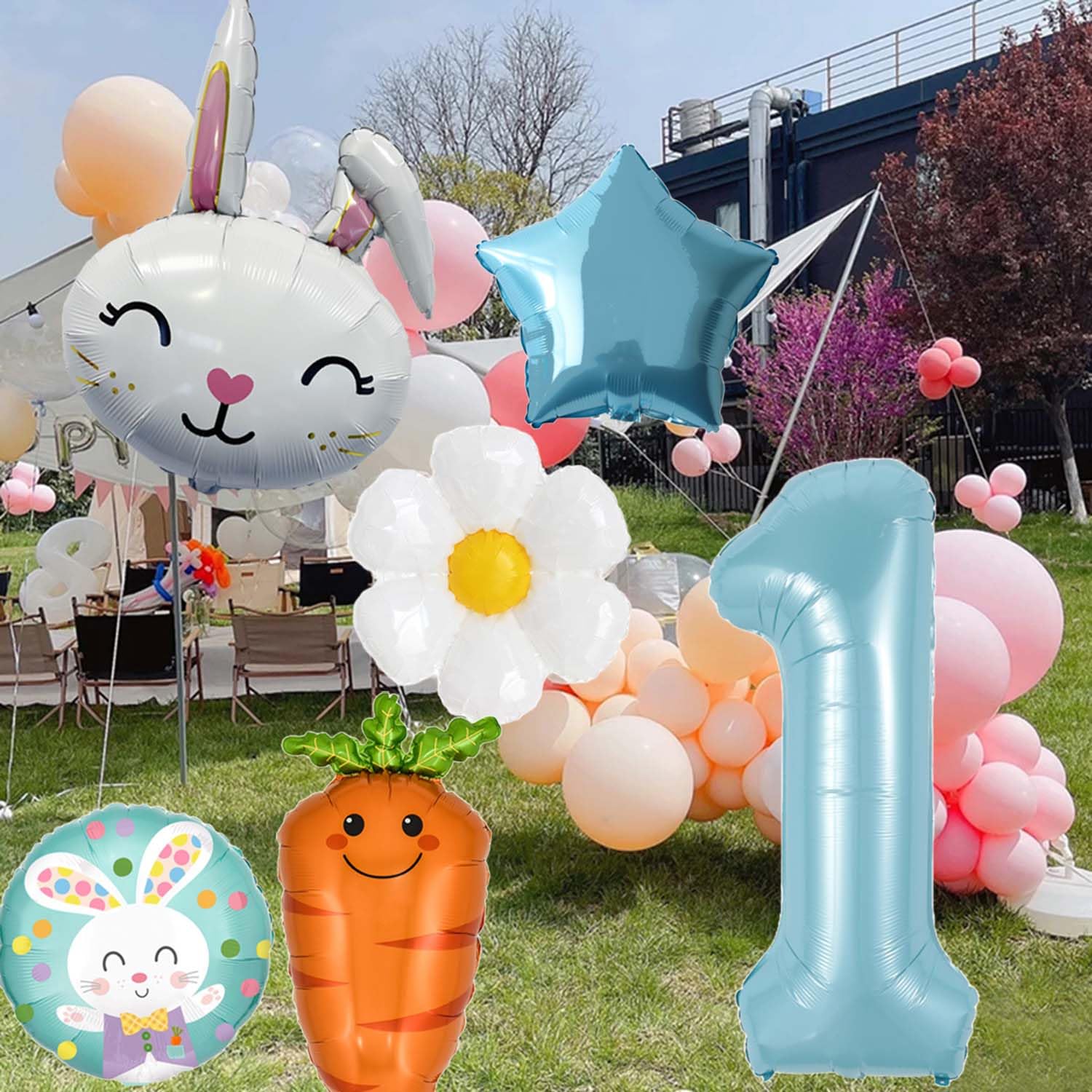 1st Birthday Bunny Balloons Set - 6Pcs Blue Rabbit Head, Carrot & Daisy Balloons for Girls Baby Shower Decorations, Birthday Party Supplies - Perfect for 1st Birthday Parties, Baby Showers & Spring Celebrations
