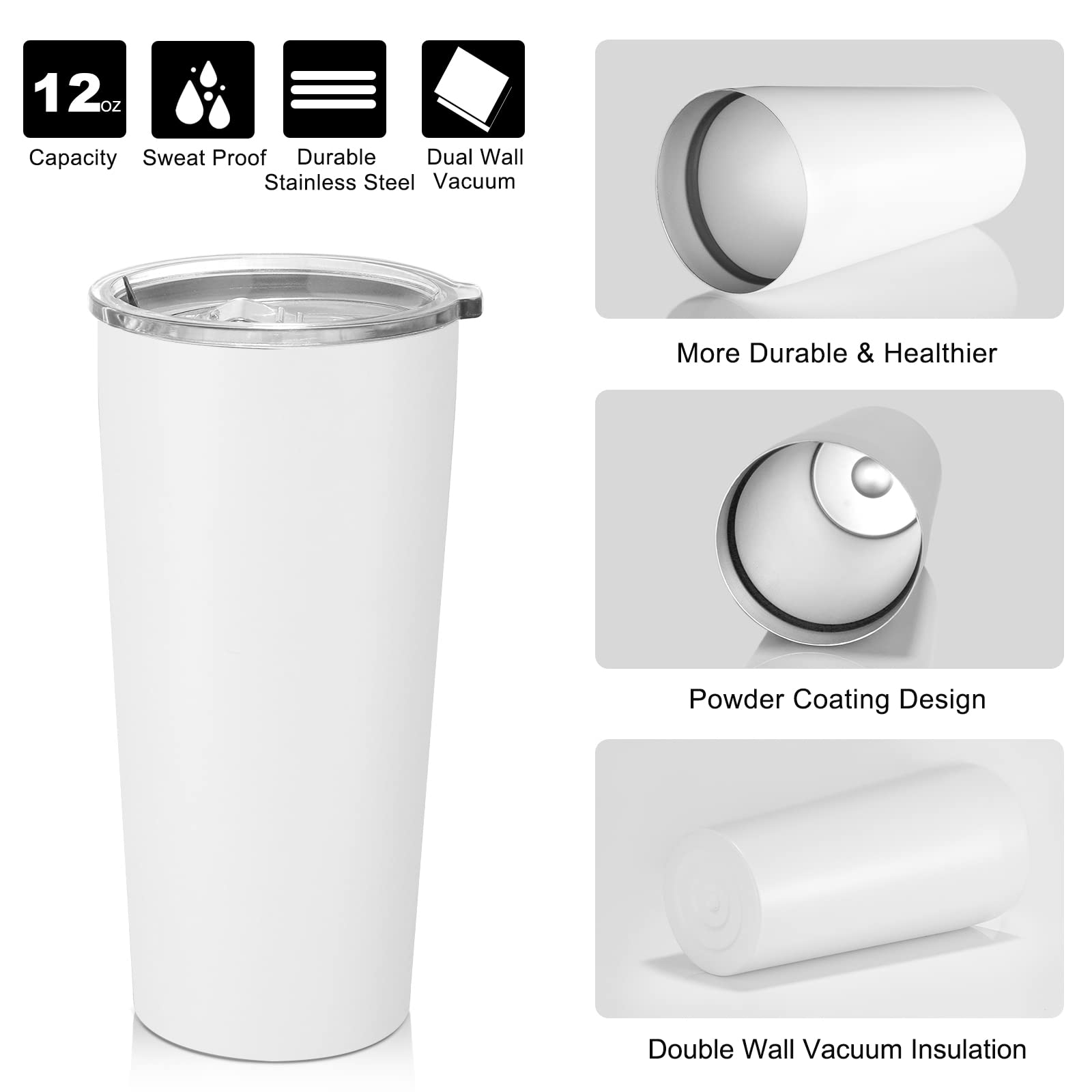 VEGOND 20oz Stainless Steel Vacuum Insulated Tumbler with Lid and Straw - 12 Pack Double Wall Travel Mug for Coffee, Tea & Cold Drinks - Perfect for Office, Gym, Camping & Outdoor Activities (White)