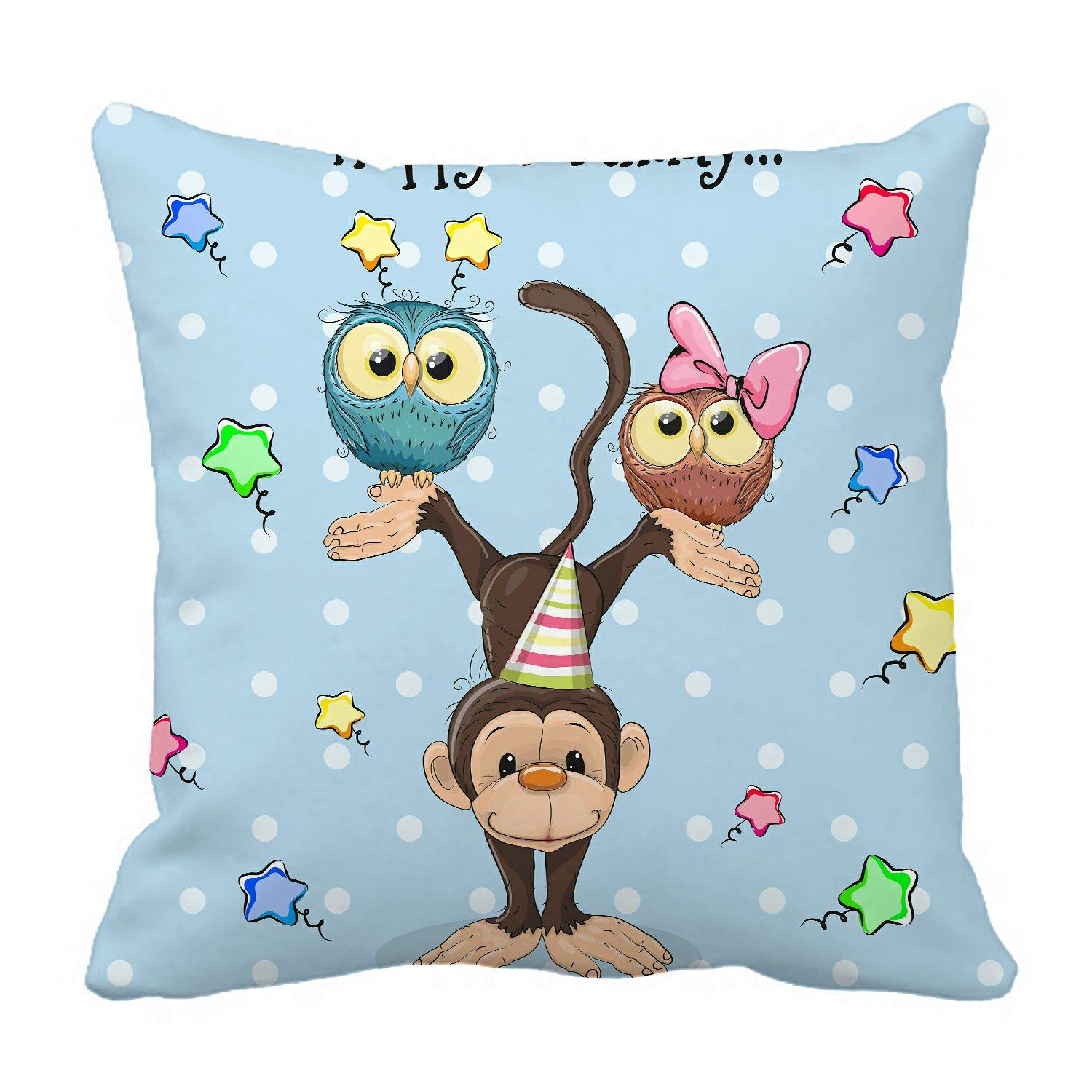 ABPHQTO Cute Cartoon Owl & Monkey Birthday Card Pillow Case - 18x18 Inch Reversible Pillow Cover for Couch, Bed, Sofa - Perfect for Birthday Gifts, Home Decor & Nursery Accessories