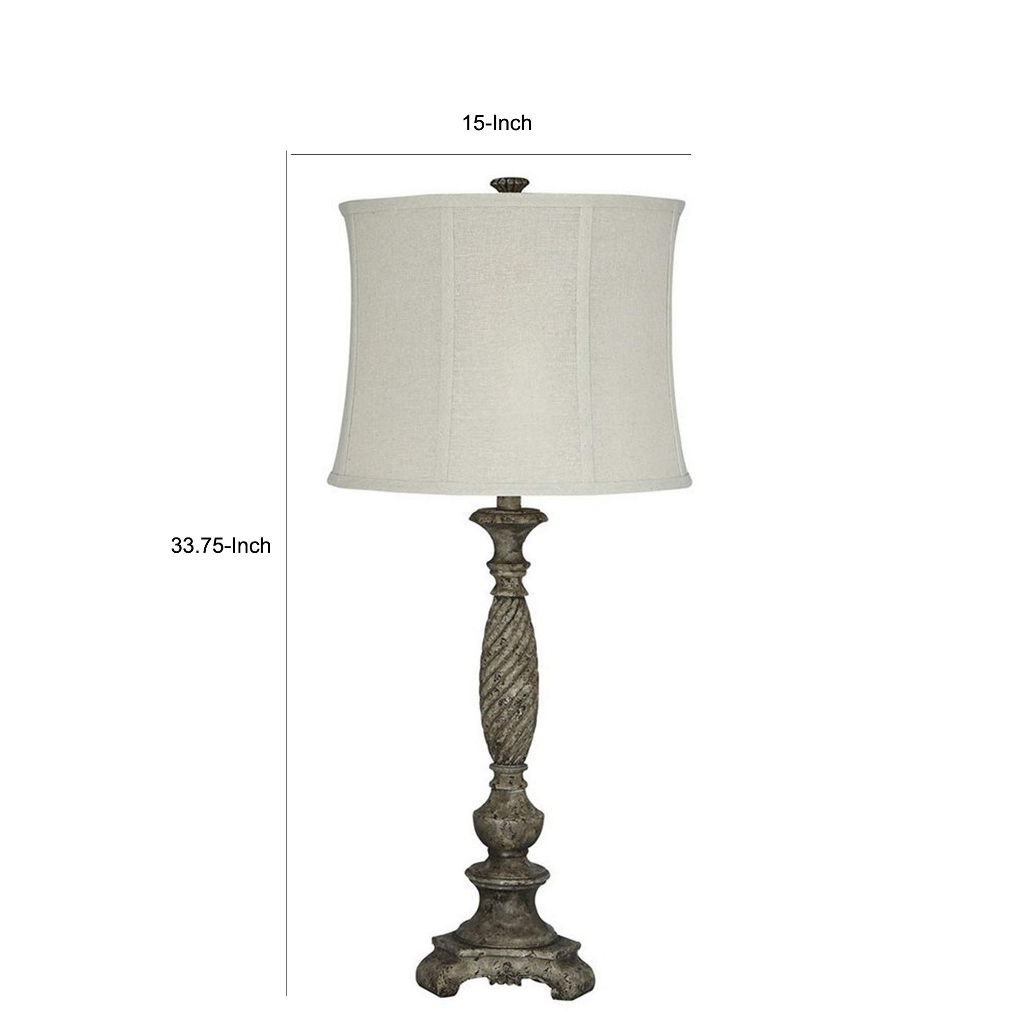 Benjara Pedestal Body Resin Table Lamp with Fabric Shade - Gray and White - Modern Home & Office Lighting for Bedroom, Living Room, Study