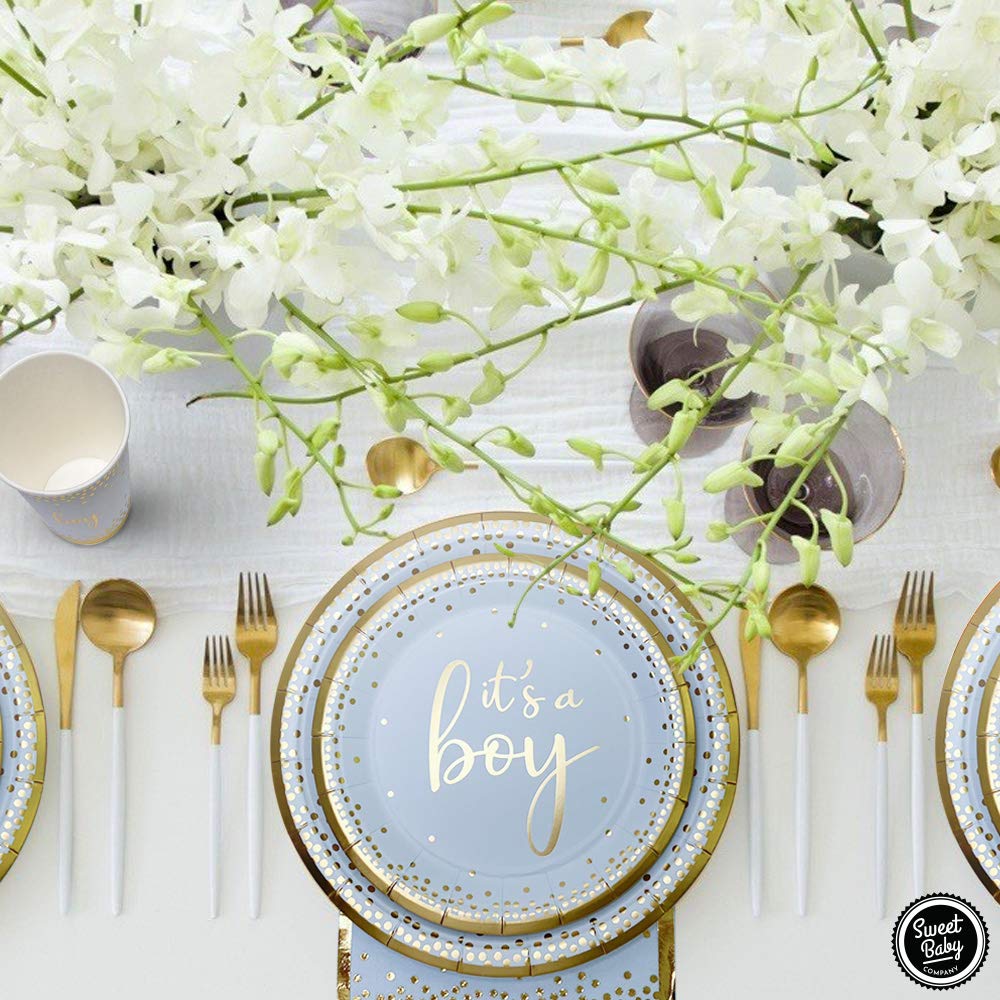 Sweet Baby Co. Oh Baby Boy Shower Party Supplies Set - 24-Pack Light Blue & Gold Its a Boy Paper Plates, Napkins, Cups - Gender Reveal & Baby Shower Tableware Decorations for Birthday Celebrations - Perfect for Baby Showers, Gender Reveal Parties & Newborn Celebrations