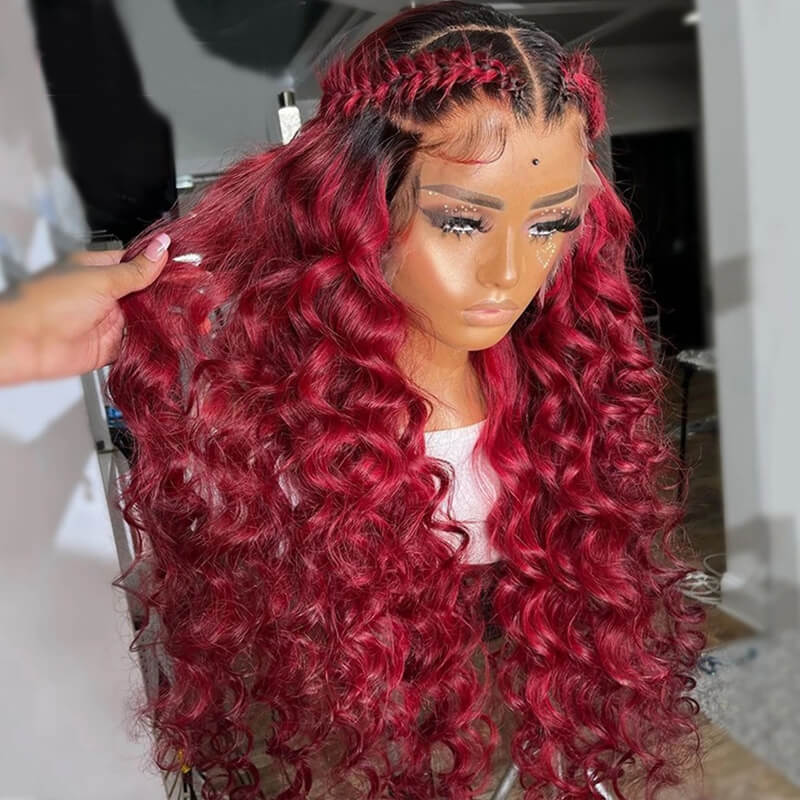 Eullair Ombre 1B/99J Burgundy Loose Wave Human Hair Wig with Lace Frontal for Women - Natural Looking Wigs for Daily Wear, Parties & Special Occasions