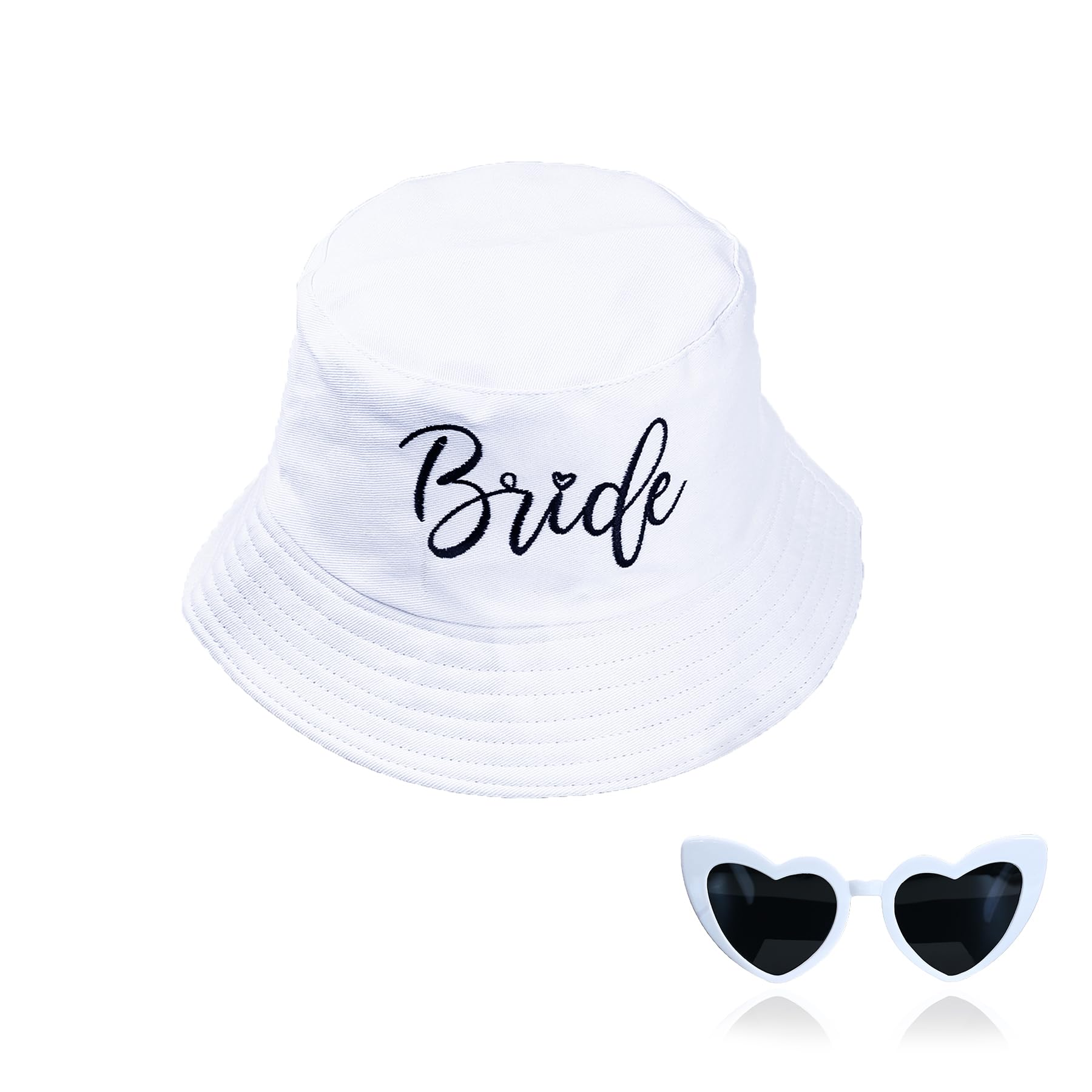 White Embroidered Bride Bucket Hat with Sunglasses - Elegant Bachelorette Party Accessories, Wedding Shower Gift for Bride to Be | Perfect for Beach Weddings, Bridal Showers & Bach Party Decorations