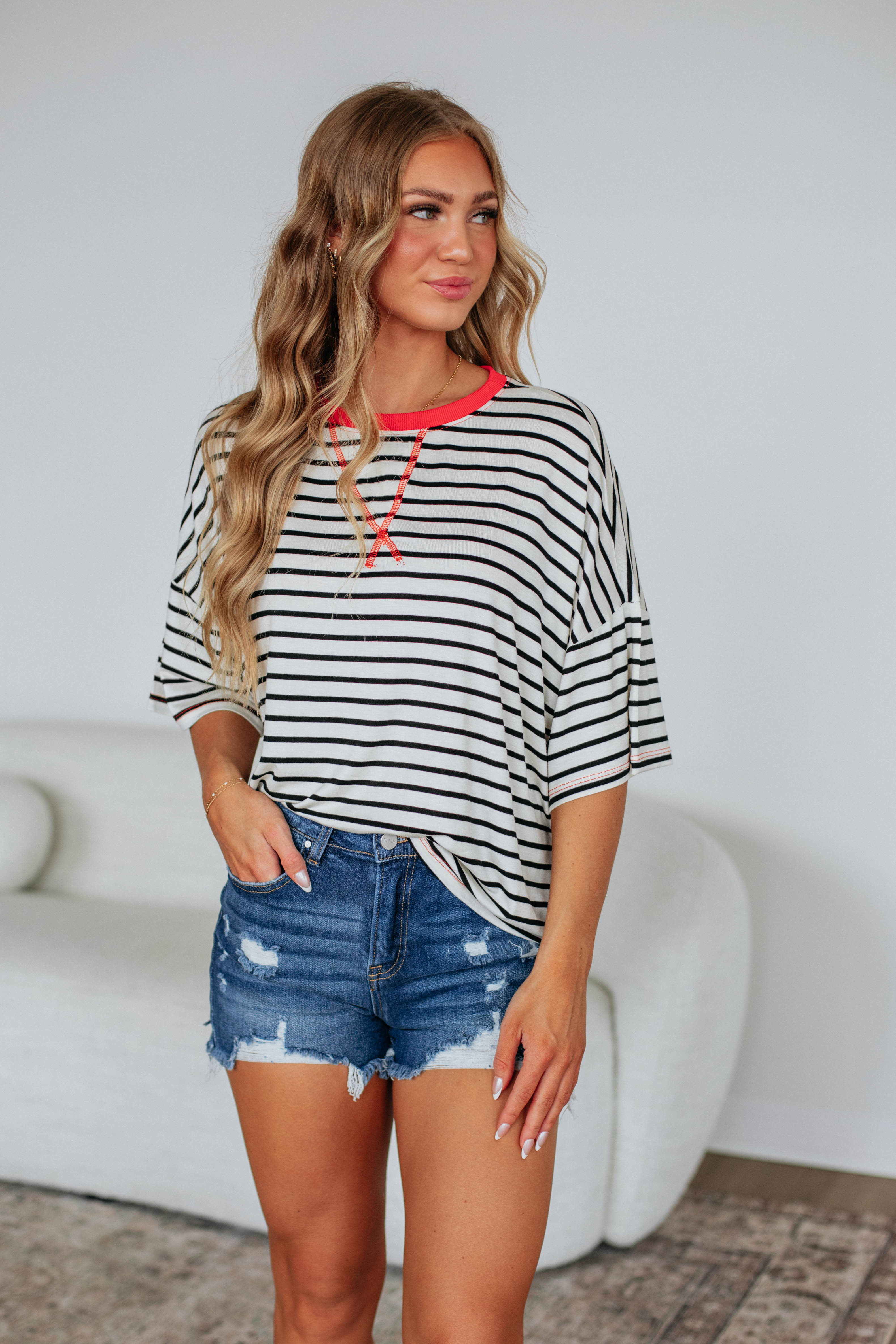 Women's Cale Striped Knit Top in Ivory Mix - Casual Chic T-Shirt for Everyday Wear & Layering