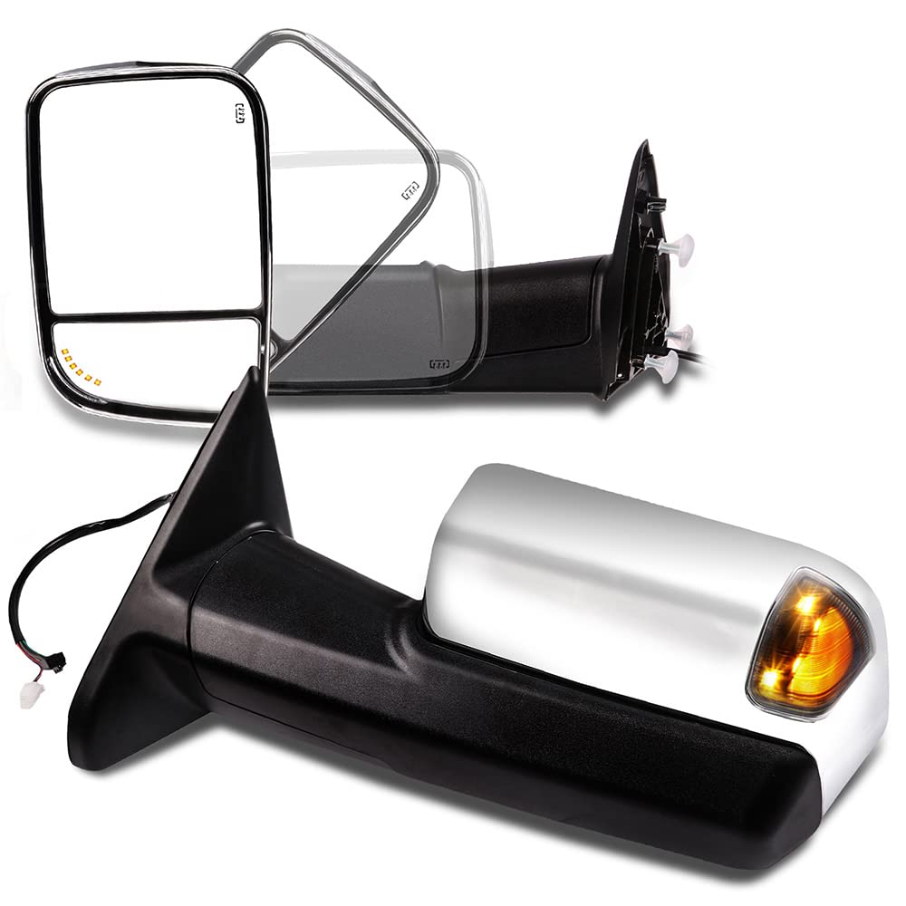 CCiyu Chrome Power-Adjusted Heated Towing Mirrors with Turn Signal & Puddle Light - Compatible with 2011-2018 Ram 1500/2500/3500 & 2009-2010 Dodge Ram 1500 - Perfect for Towing, Off-Roading & Night Driving