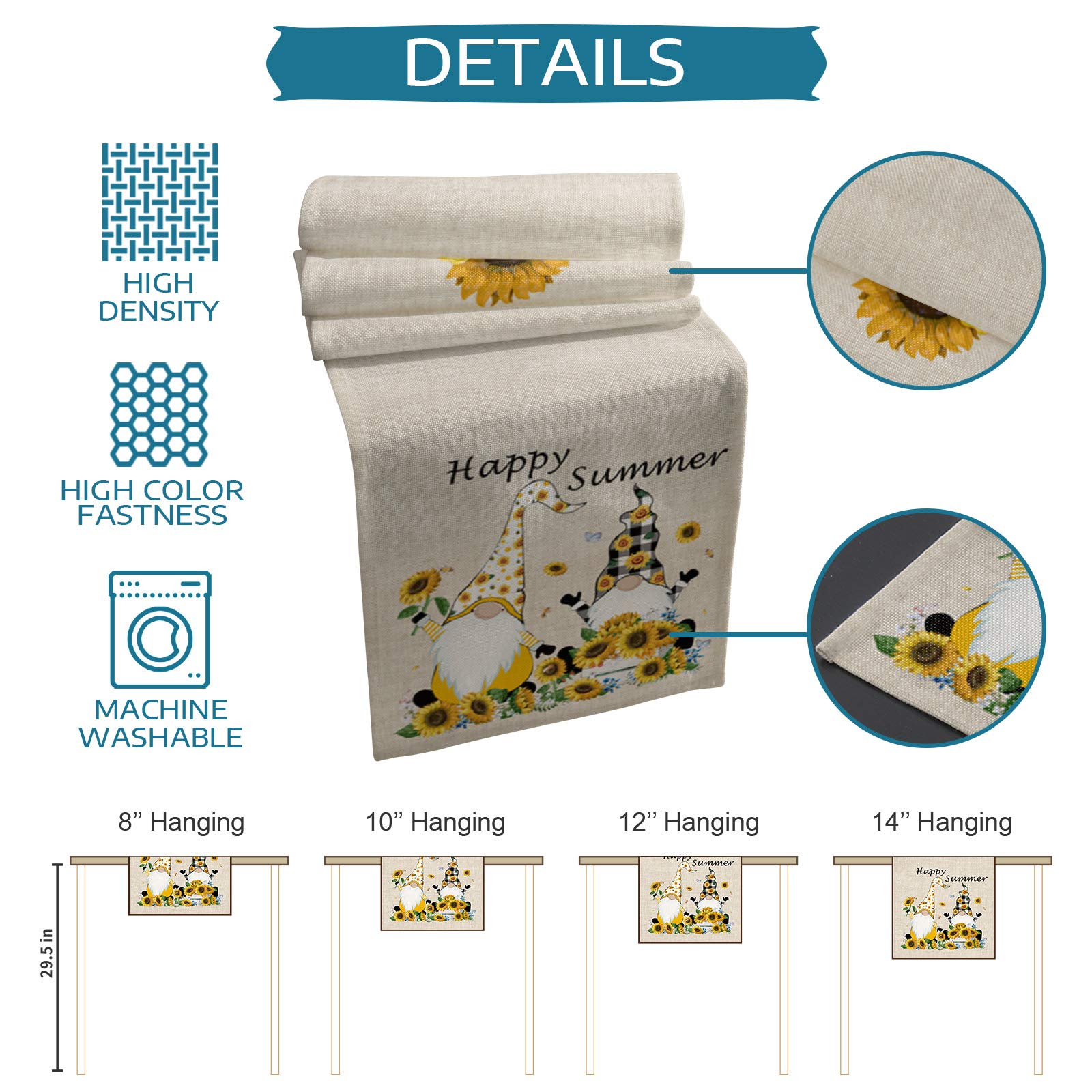 Sunflower Gnomes Hello Summer Table Runner - 108 Inch Long Farmhouse Burlap Dining Tablecloth for Coffee Table, Kitchen Island, Party Decor - Rustic Nature Home Decor - Perfect for Summer Gatherings, Picnics, and Farmhouse Themed Events (13