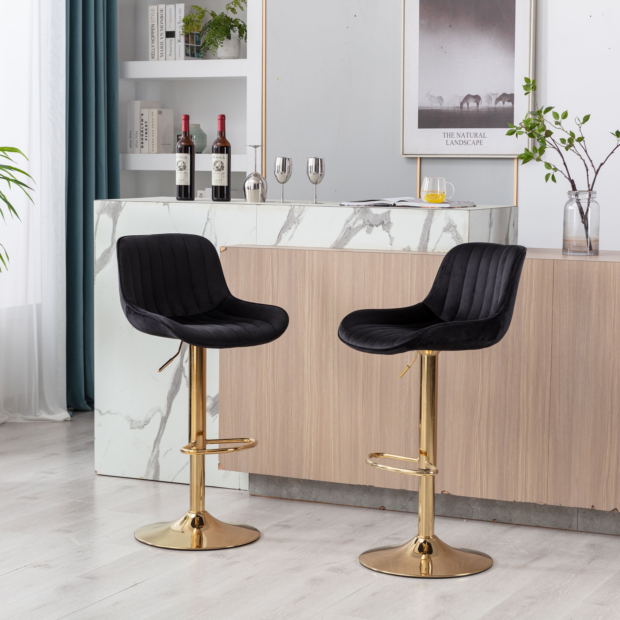 **Adjustable Chrome Footrest Swivel Bar Stool Set of 2 - Black Velvet Seat with Golden Legs for Kitchen Counter, Home Bar & Dining Room**